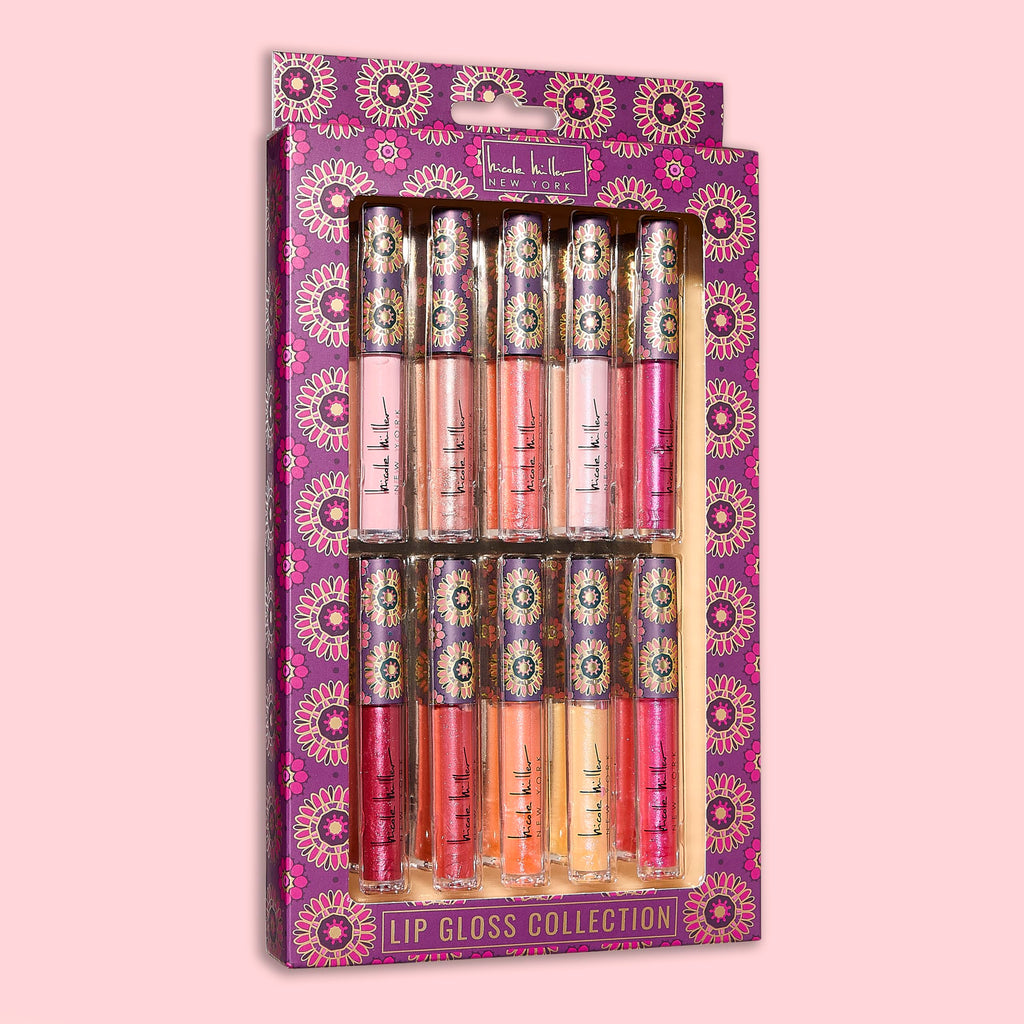 Nicole Miller Lip Gloss Collection Shimmery Glosses for Women and Girls Long Lasting Color Set with Rich Varied Colors, Flowery Pink, 10 Count (Pack of 1)