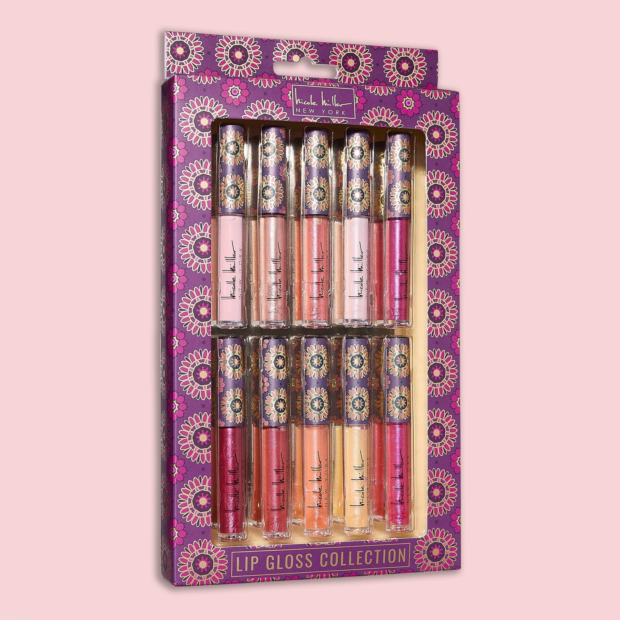 Nicole Miller Lip Gloss Collection Shimmery Glosses for Women and Girls Long Lasting Color Set with Rich Varied Colors, Flowery Pink, 10 Count (Pack of 1)