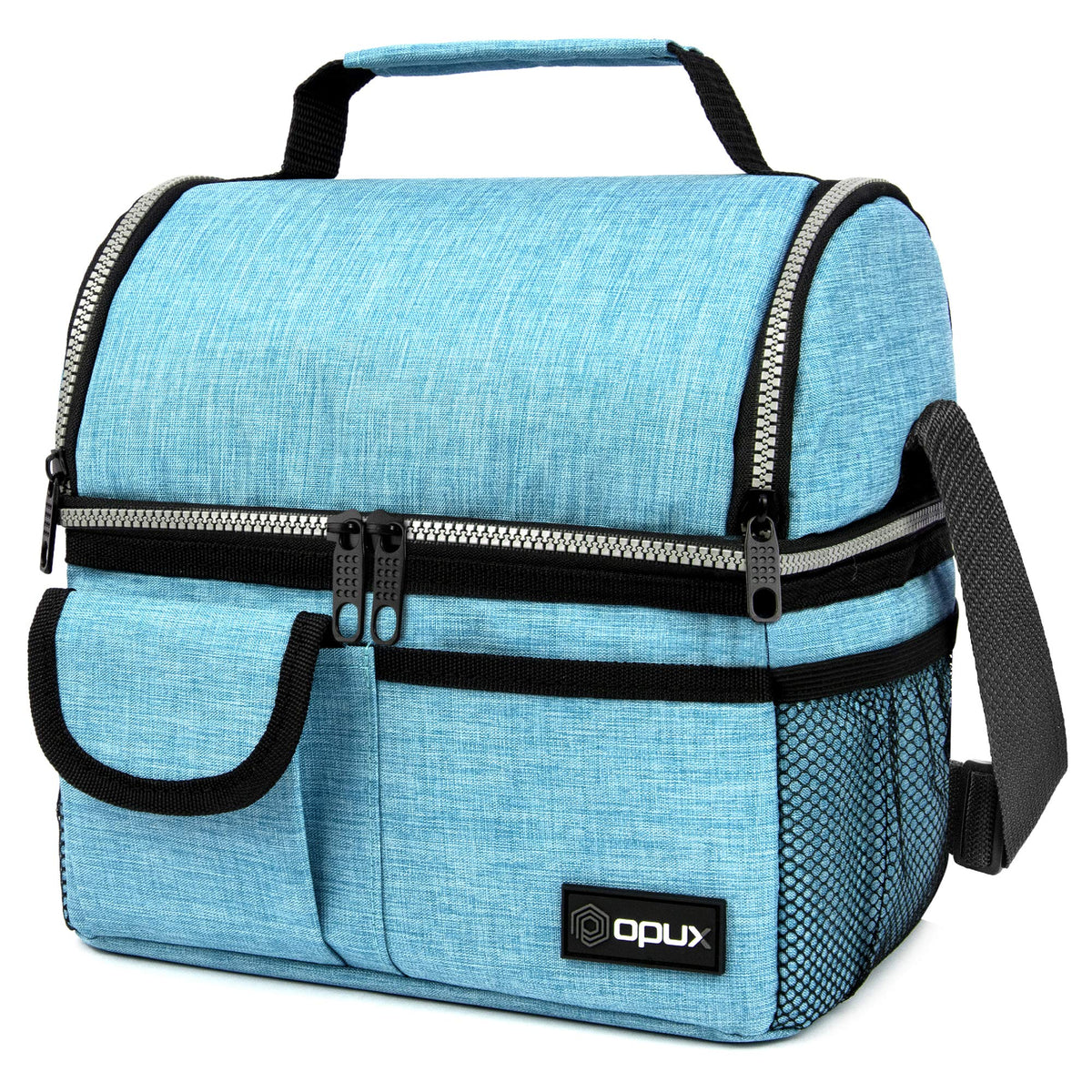 opux Insulated Lunch Bag Women Men, Dual Compartment Leakproof Lunch Box Adults Kids, Double Decker Meal Prep Bento Lunch Cooler Tote with Shoulder Strap for Work Office School Travel, Black