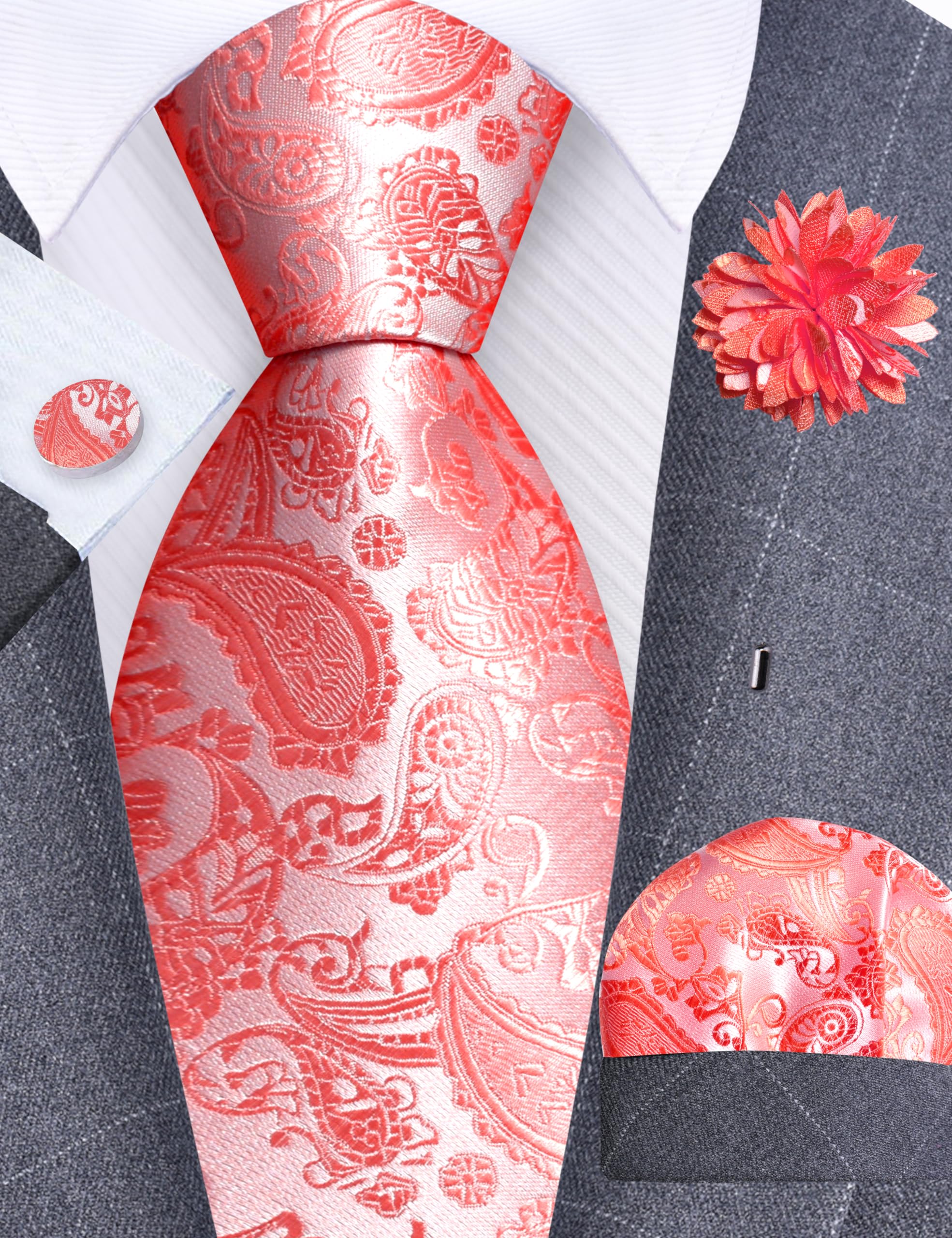 GUSLESON 3.15"（8cm） Mens Paisley Tie and Lapel Pin Necktie Hankerchief Cufflinks Set for Men