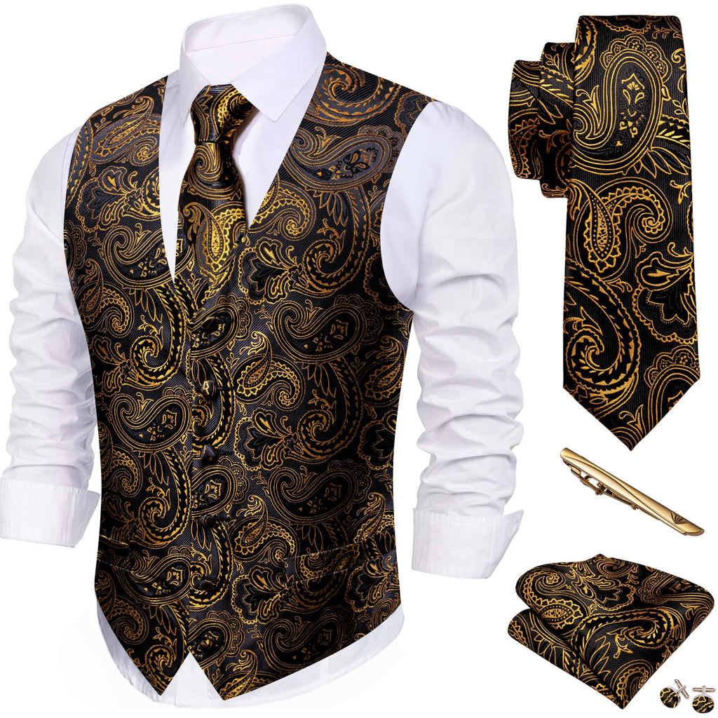 Barry.Wang Men's Suit Vest Formal/Leisure Paisley Jacquard Silk Tie Pocket Square Waistcoat Set Wedding 5PCS