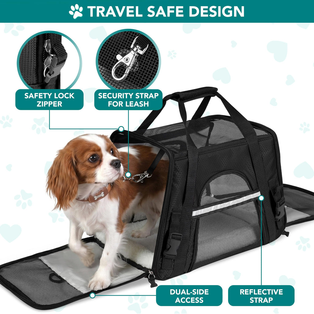 PetAmi Airline Approved Pet Carrier for Cats & Small Dogs, Soft Sided TSA Travel Carrier Bag with Sherpa Bed, Breathable Mesh Ventilation, Collapsible Bowl, Fits Under Seat, Up to 18 lbs, Small Black