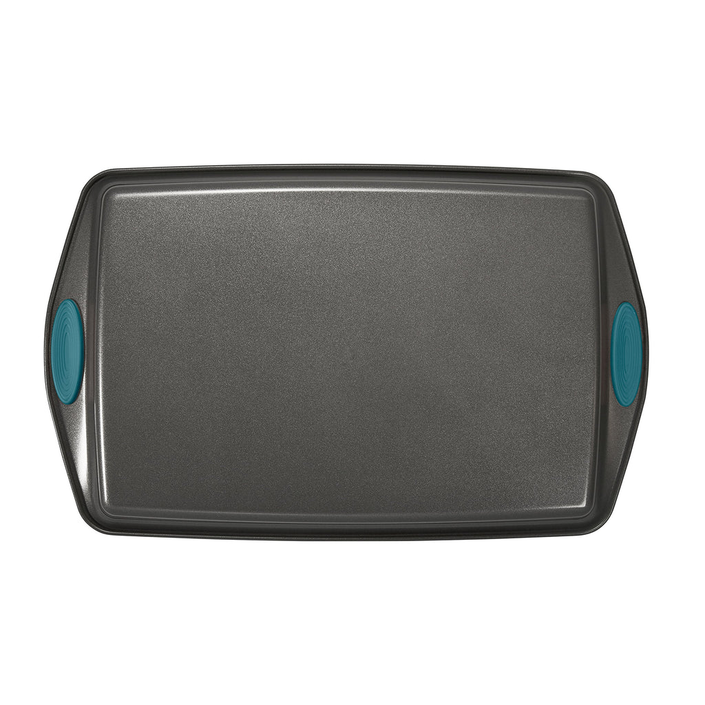 Rachael Ray Cucina Bakeware Set Includes Nonstick Cake Cookie Baking Sheet and Muffin Cupcake Pan, 4 Piece, Latte Brown with Agave Blue Grips