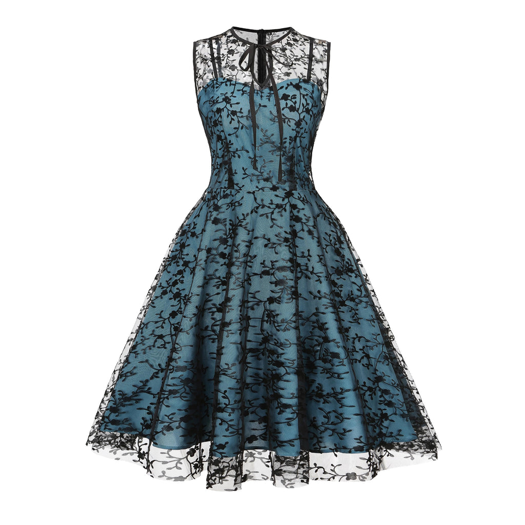Women Mesh Floral Embroidery Vintage Cocktail Swing Dress Illusion 50s Goth Flared A line Casual Wedding Prom Evening Dress