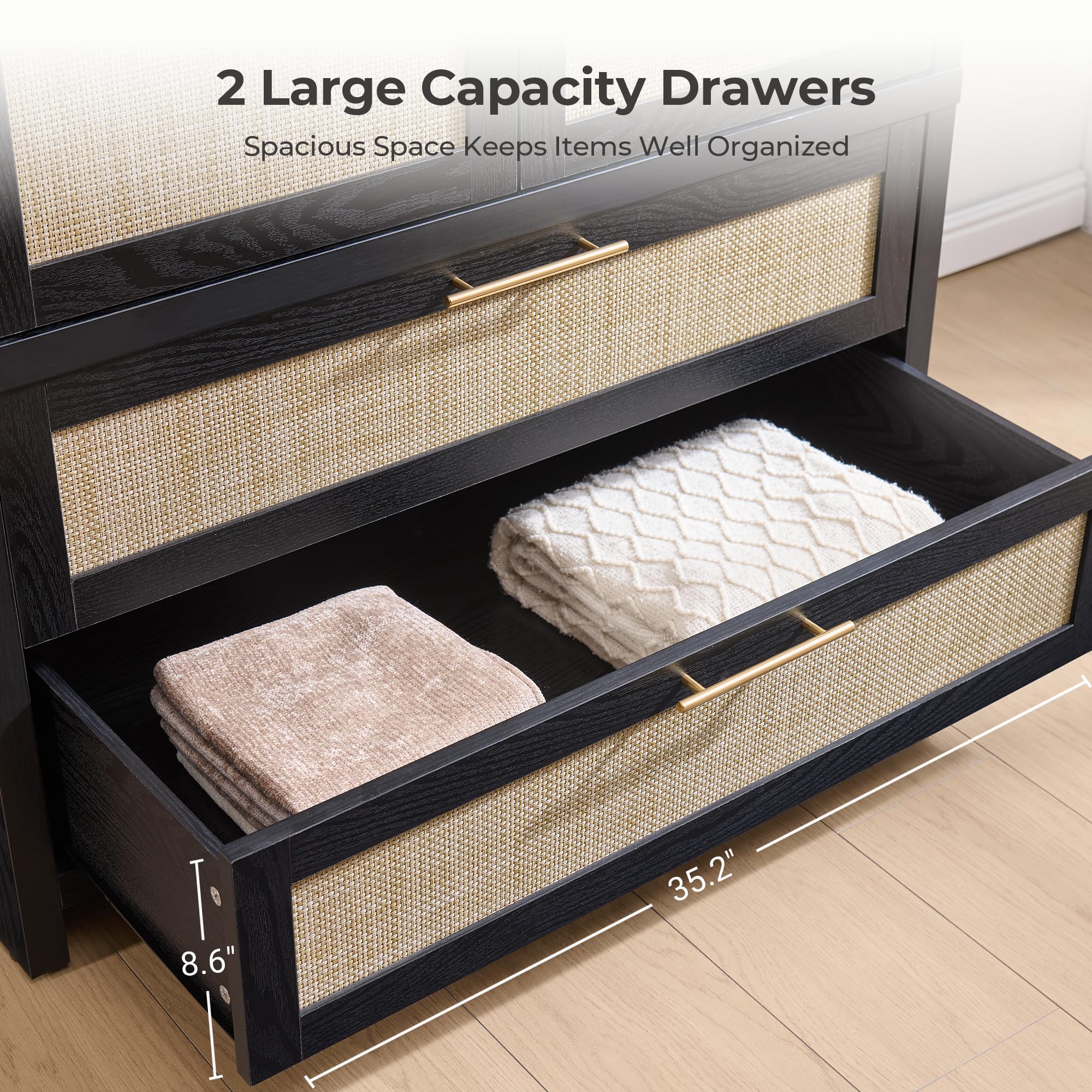 SICOTAS Rattan Armoire Wardrobe Closet Cabinet, 71" Wardrobe Storage Cabinet with Doors, 2 Drawers and Hanging Rod, Boho Large-Capacity Deep Armoire Clothes Organizer for Bedroom, Black Oak