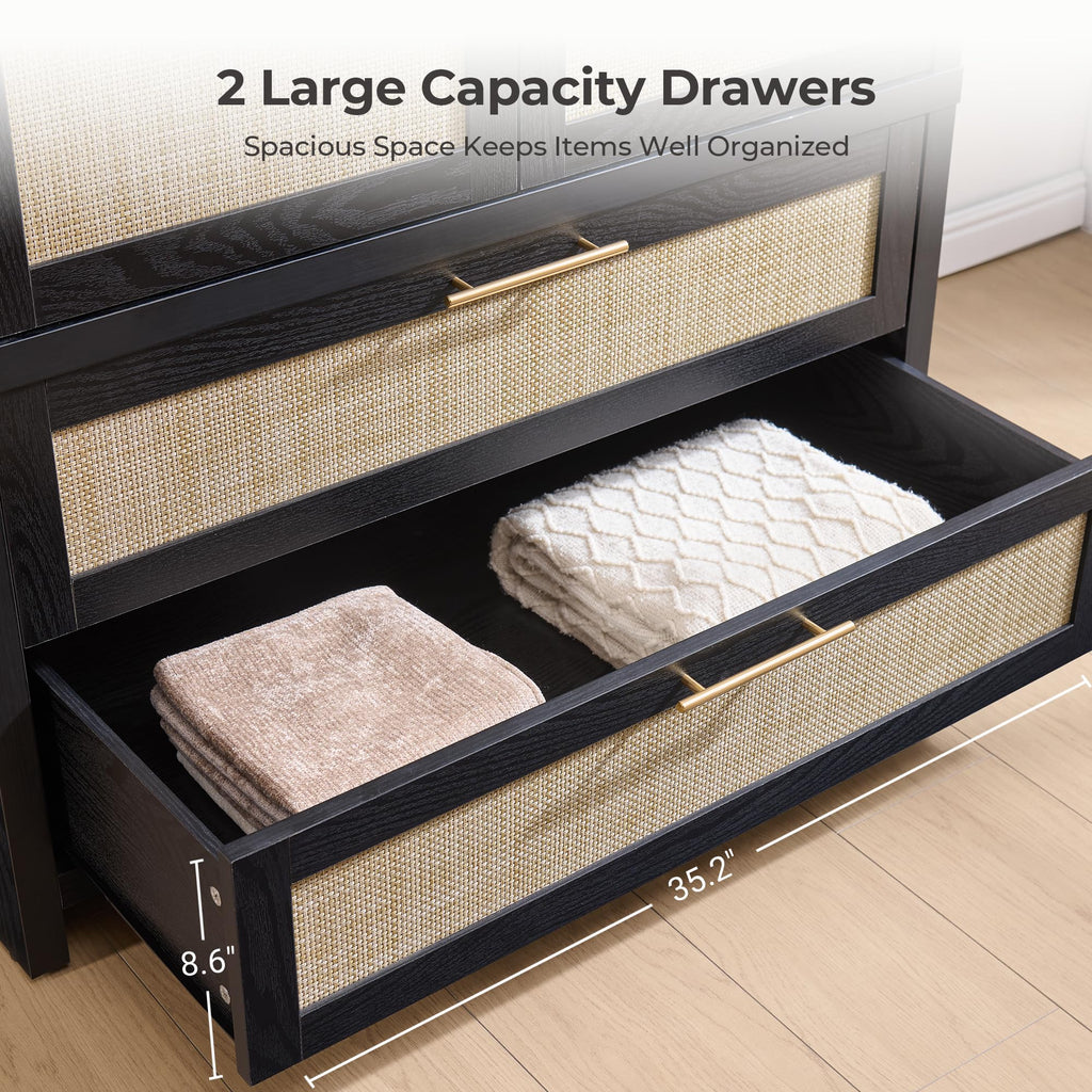 SICOTAS Rattan Armoire Wardrobe Closet Cabinet, 71" Wardrobe Storage Cabinet with Doors, 2 Drawers and Hanging Rod, Boho Large-Capacity Deep Armoire Clothes Organizer for Bedroom, Black Oak