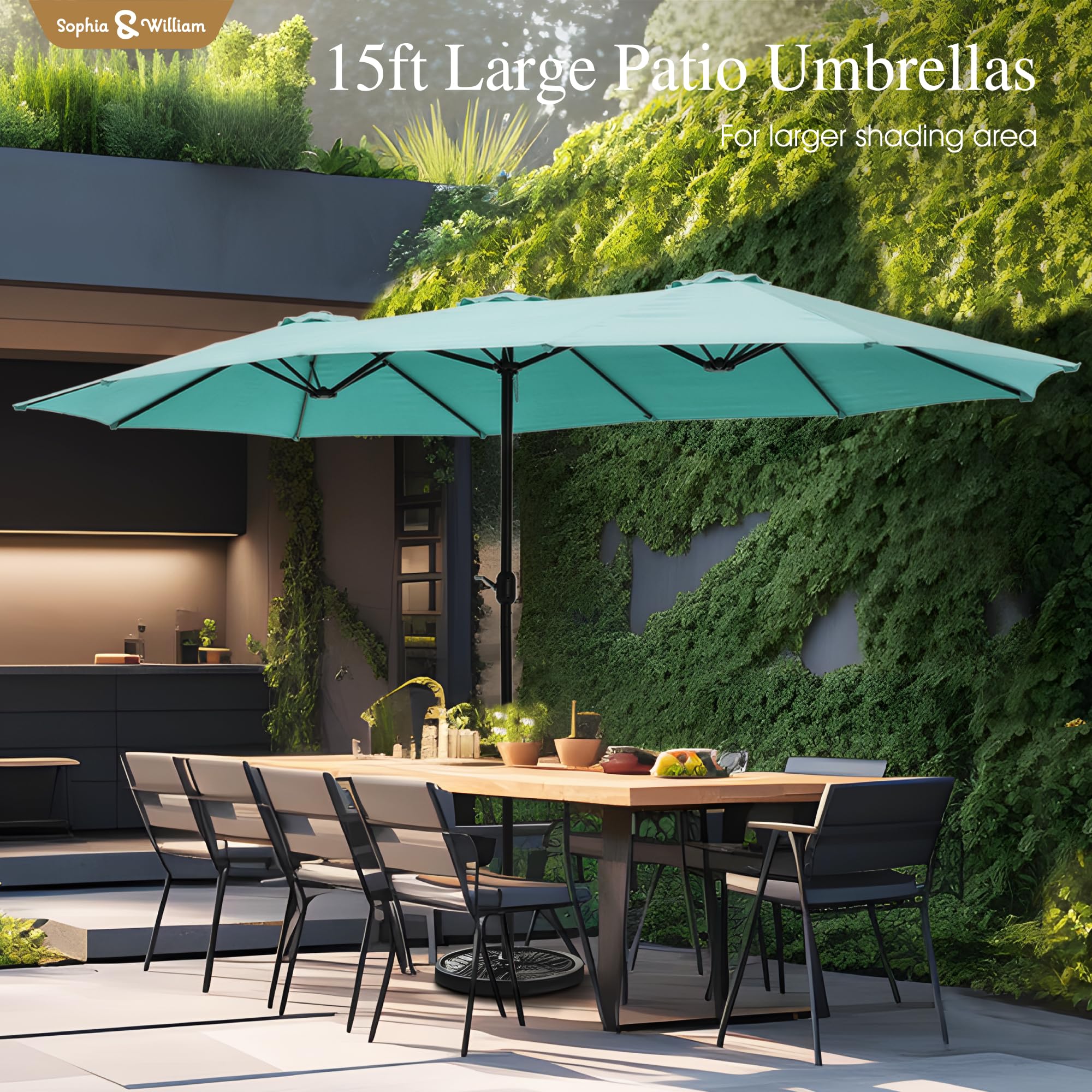 Sophia & William 15 ft Extra Large Patio Umbrella with Base Included, Rectangular Outdoor Umbrella Heavy Duty, Market Umbrella Double-sided Fade Resistant for Pool Garden Backyard, Beige