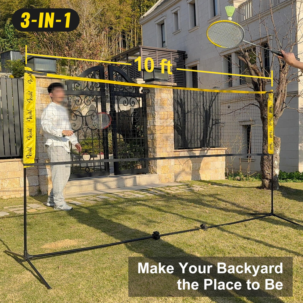 3-in-1 Portable Badminton, Volleyball & Pickleball Net Set for Adults, Adjustable Height 34"–7 ft for Backyards or Beach, Outdoor Sports Combo with Carry Bag, Rackets, Paddles & Balls