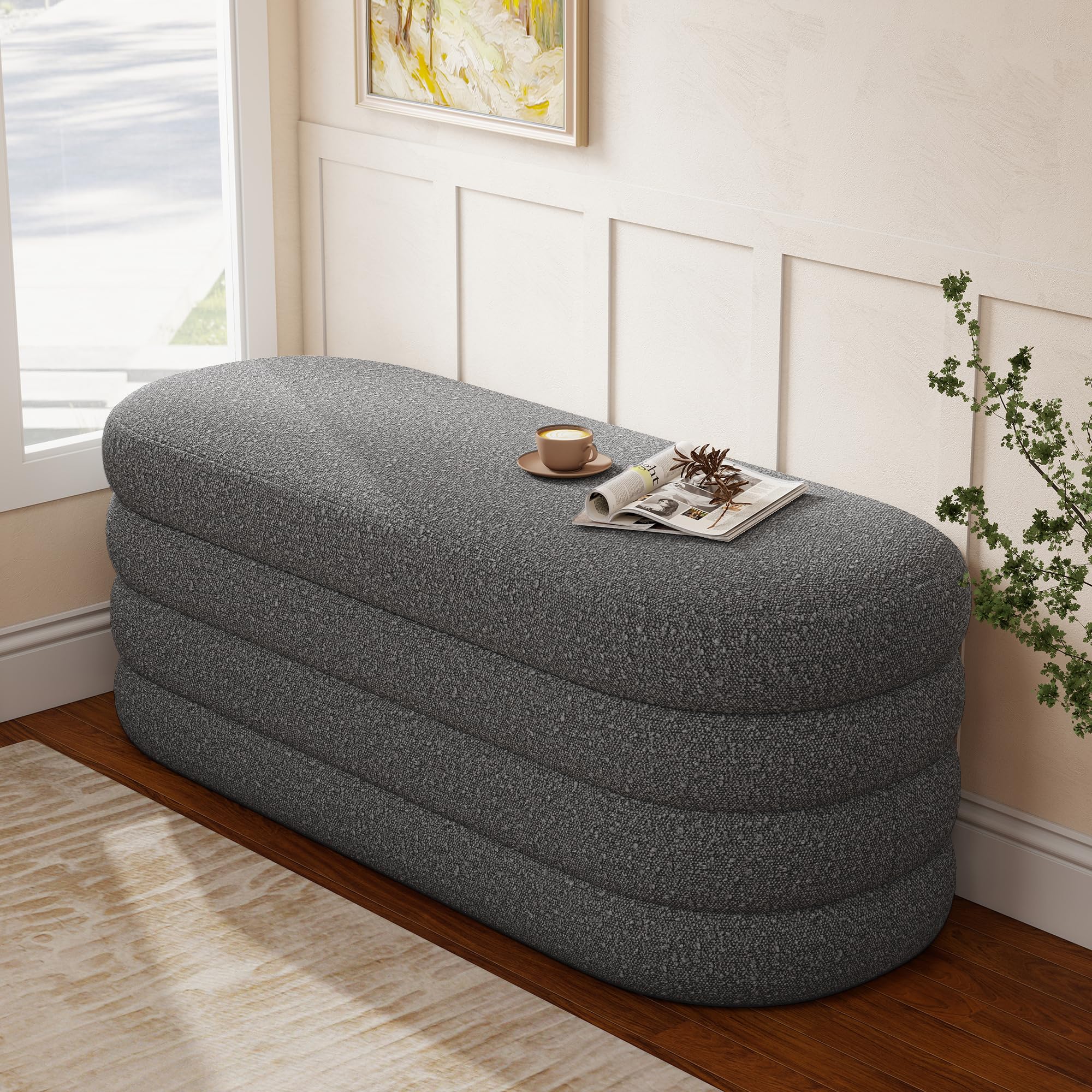 Busaurus Storage Ottoman Bench 49.2 Inch Upholstered Fabric Storage Bench for Bedroom End of Bed Aesthetic Large Oval Ottoman for Living Room Entryway (Black)