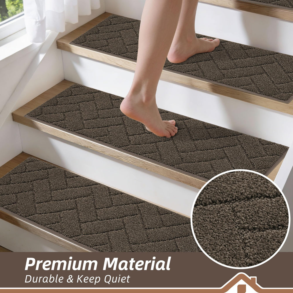 BEQHAUSE Stair Treads for Wooden Steps 28inX9in, Non Slip Carpet Stair Treads Indoor Stair Runners Machine Washable, Soft Stair Rugs Mat Surface Polyester TPE Backing, 4pcs, Beige