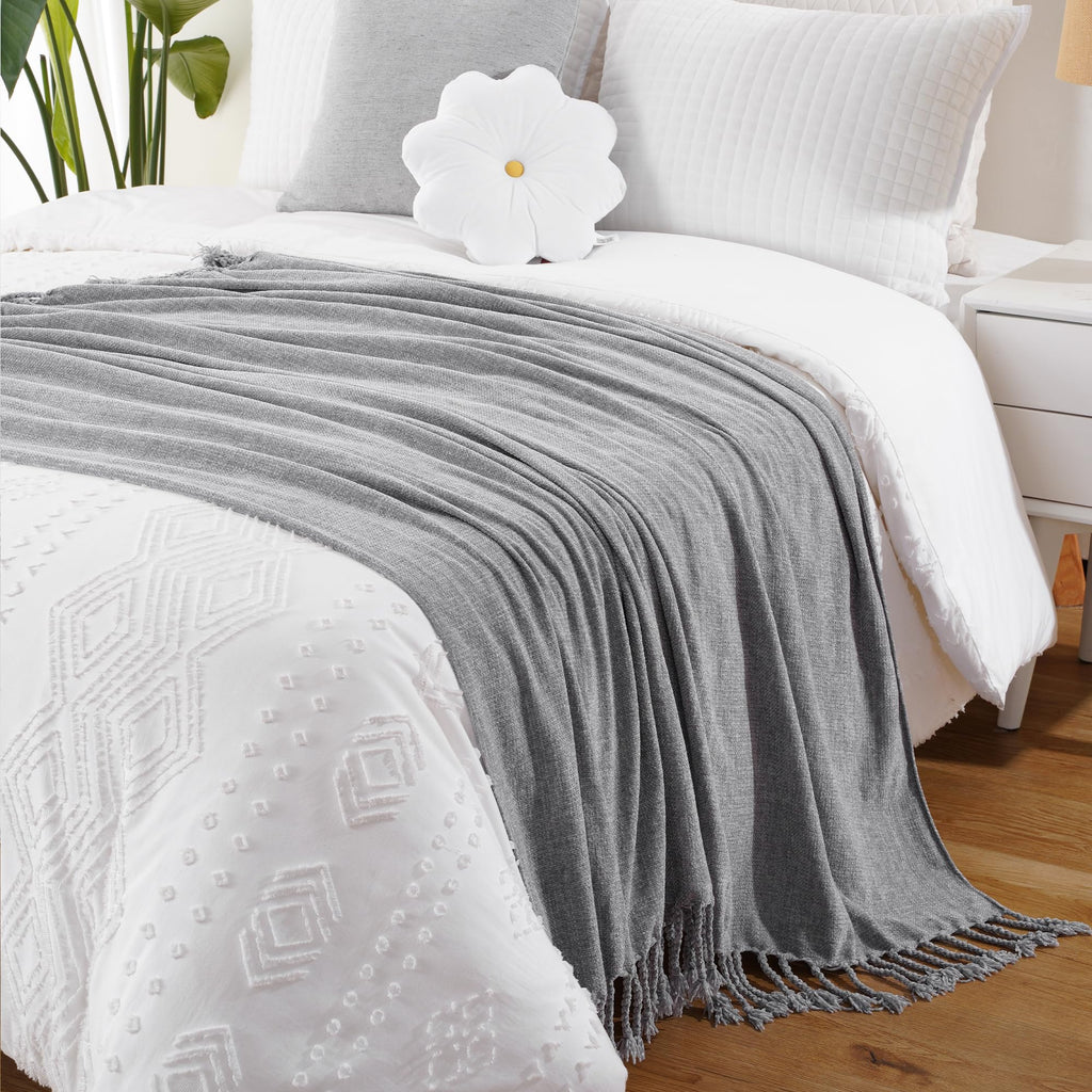 BATTILO HOME Beige Chenille Throw Blanket for Couch, Soft Cozy Textured Knit Throw Blanket with Handmade Fringe Tassels, Lightweight Decorative Farmhouse Blanket for Sofa Bed Chair, 50"x60"
