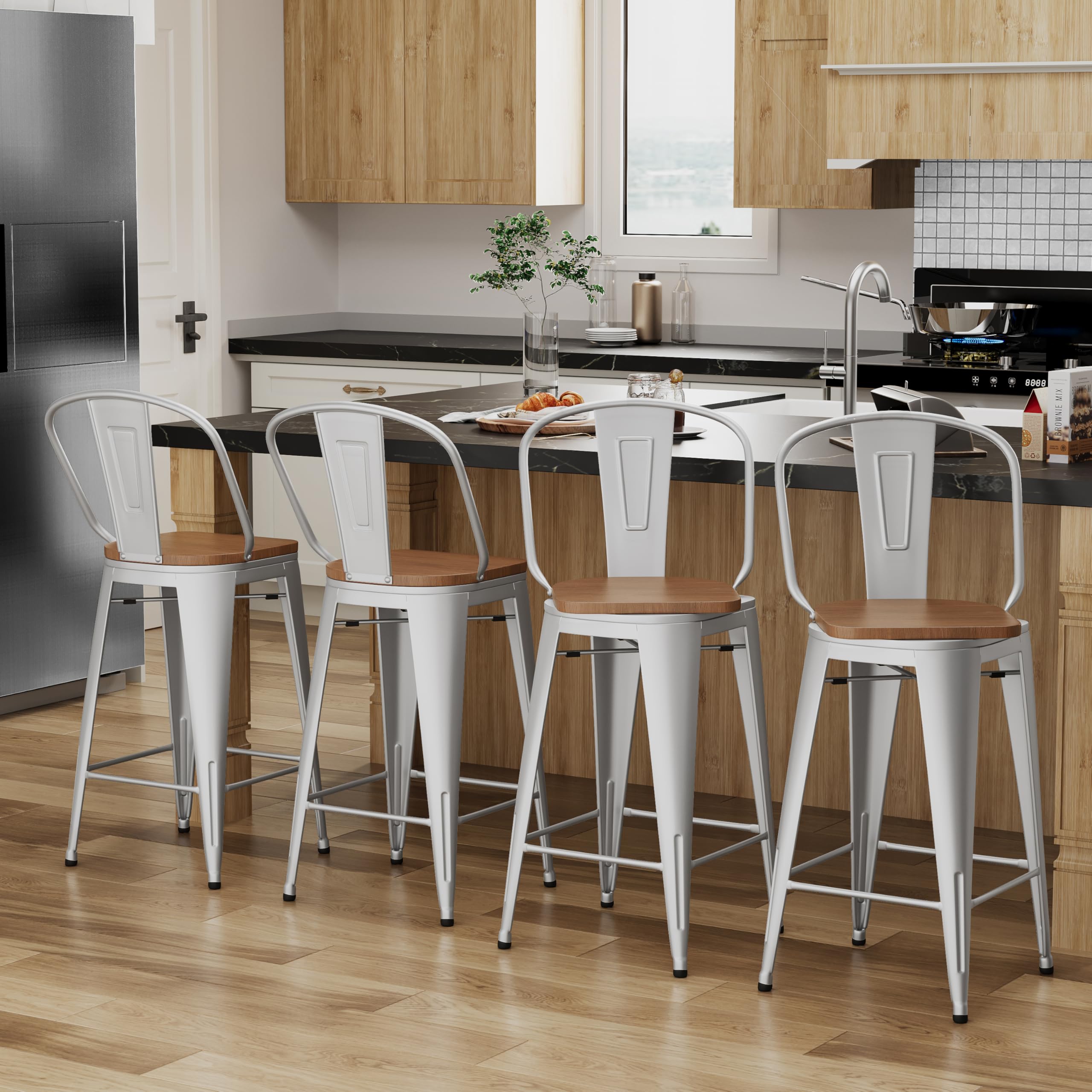 Alunaune 24" Swivel Metal Bar Stools Set of 4 High Back Counter Height Barstools Industrial Dining Bar Chairs with Large Wooden Seat-Matte Black