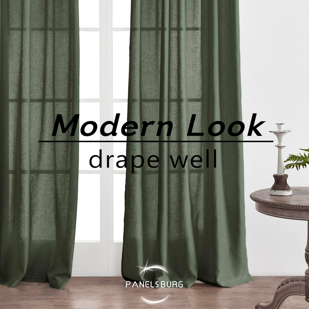 Black Linen Cotton Blend Sheer Curtains, Moody Light Filtering Drapes for Dark Academia Inspired Study Bedroom Living Room, 84 Inch Long 2 Panels Set