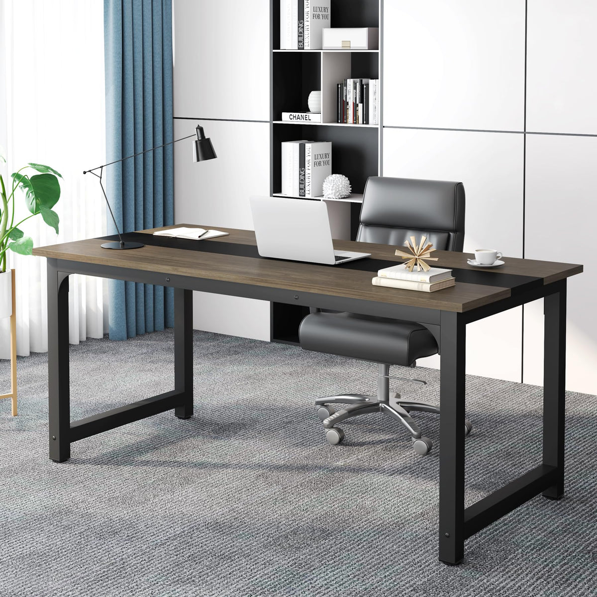 Tribesigns 63” Executive Desk, Large Office Computer Desk with Thicken Frame, Modern Simple Workstation Business Furniture for Home Office, Rustic Brown/Black