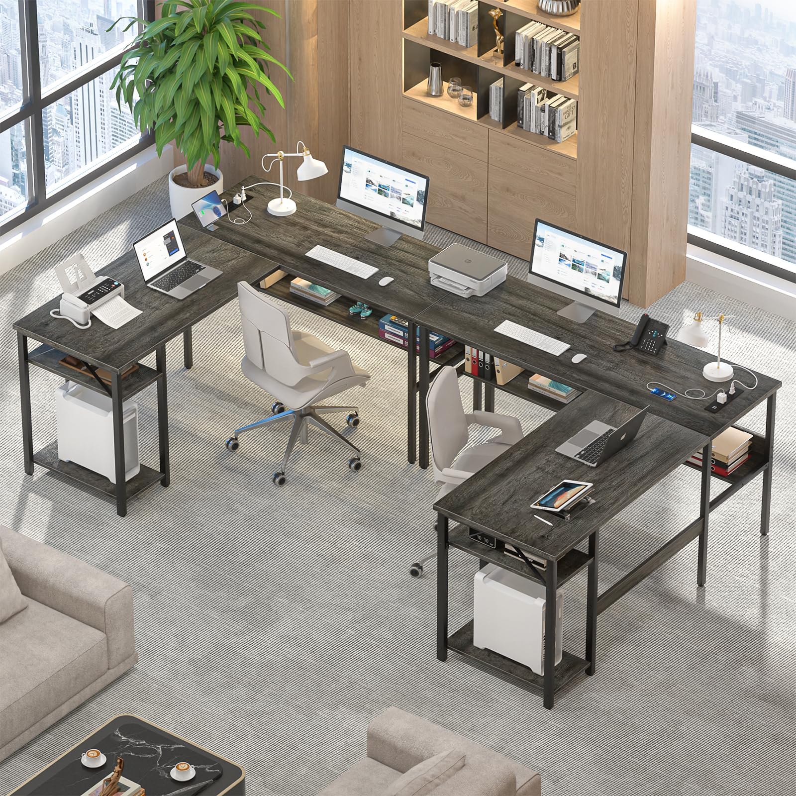 Reversible L Shaped Gaming Desk with Power Outlets and USB Charging Ports, Sturdy Computer Desk with Storage Shelf, Modern Corner Desk Home Office Table, Easy to Assemble, Gray Oak