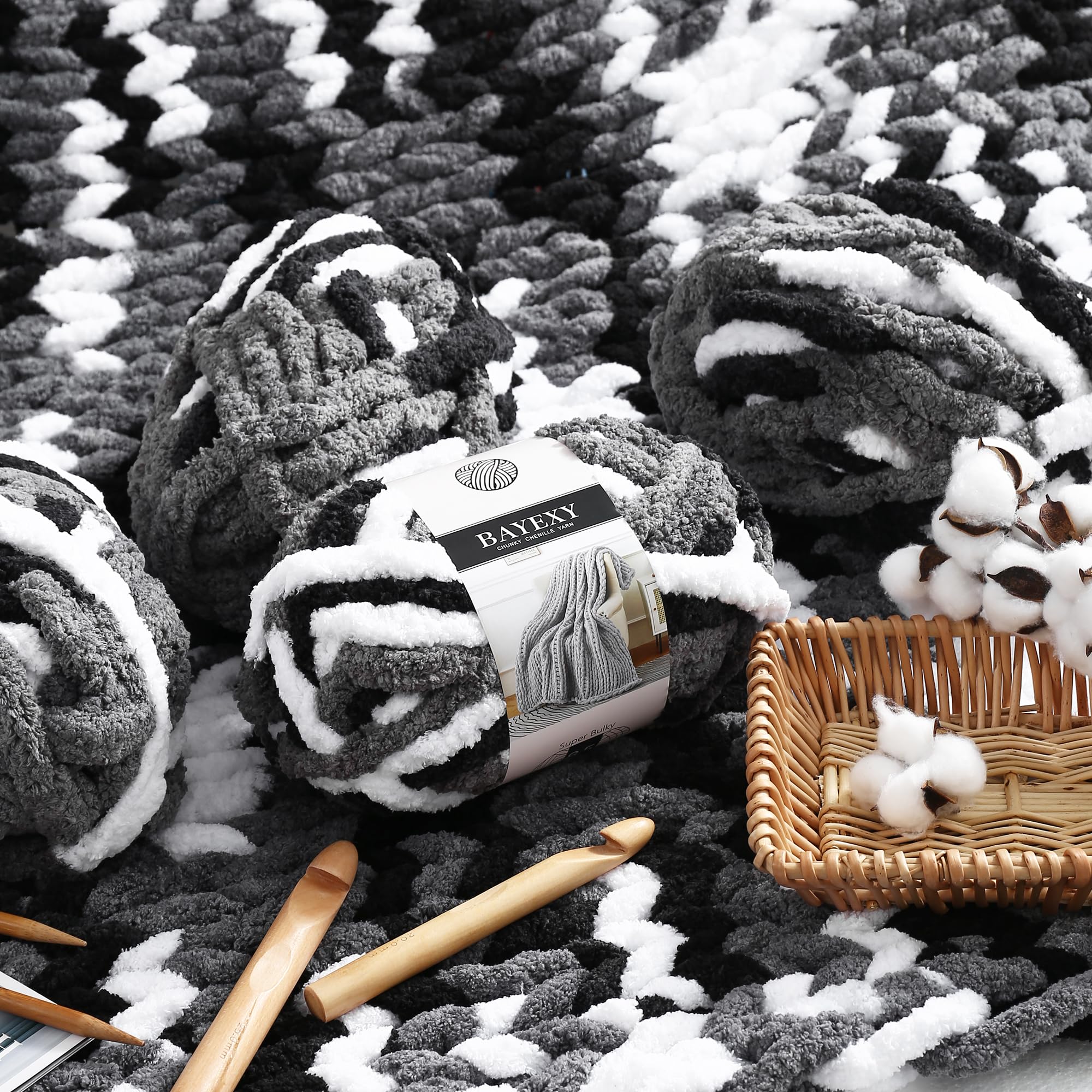 Chunky Chenille Yarn for Hand Knitting 8 Jumbo Pack Jumbo Chunky Yarn for Hand Soft Blanket Knitting, Bulky Thick Fluffy Yarn for Crocheting (Black)