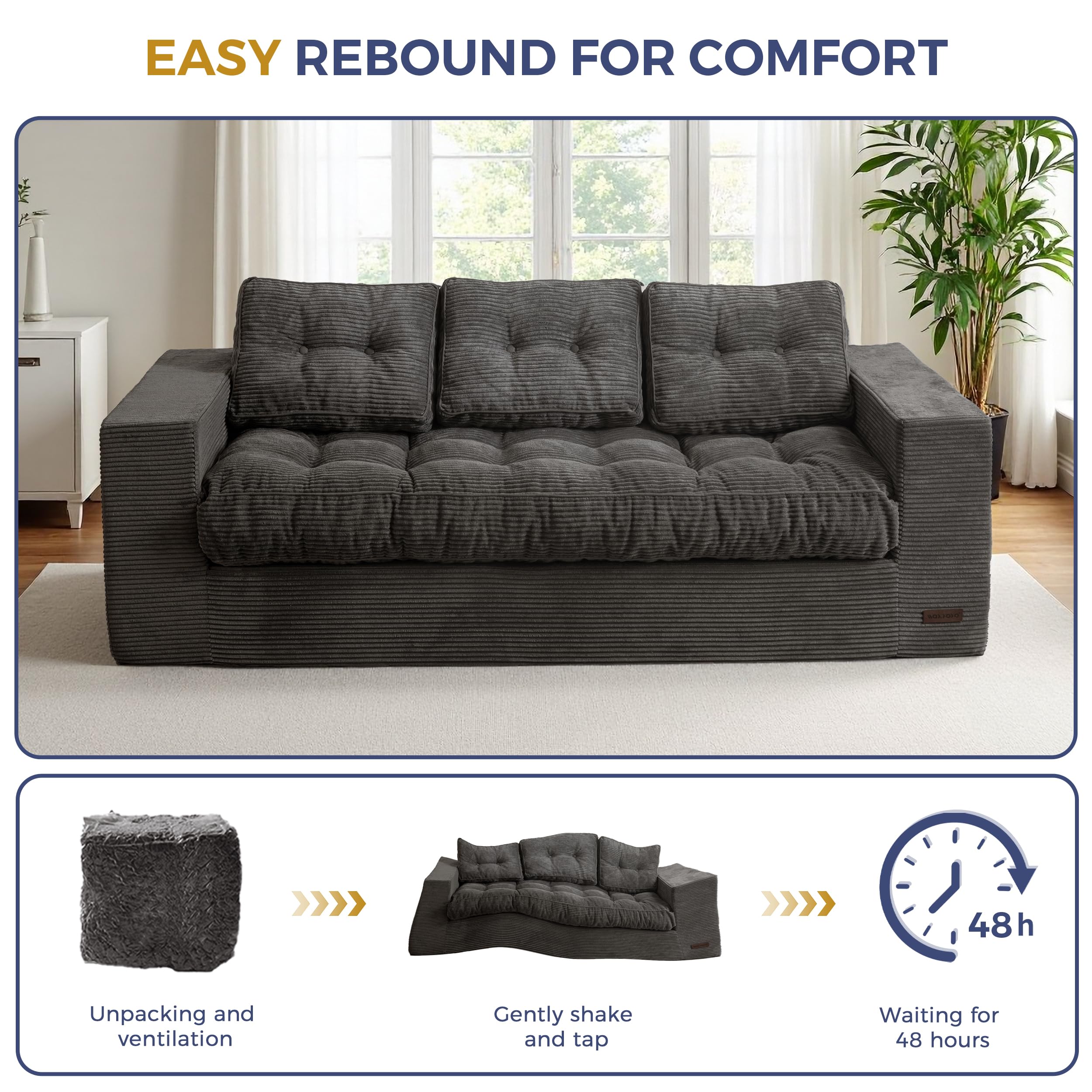 MAXYOYO 3 Seater Sofa Couch for Living Room, Tufted Boneless Couch Sofa Couch, Comfy Bubbled Bean Bag Chair for Apartment, No Assembly Needed, Beige