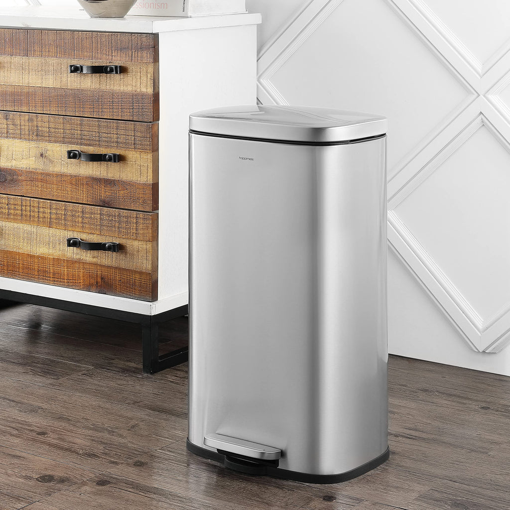 happimess HPM1011B Curtis 8-Gallon Step-Open Trash Can with Soft-Close Lid, Modern, Minimalistic, Fingerprint Proof for Home, Kitchen, Laundry Room, Office, Bedroom, Bathroom, Black