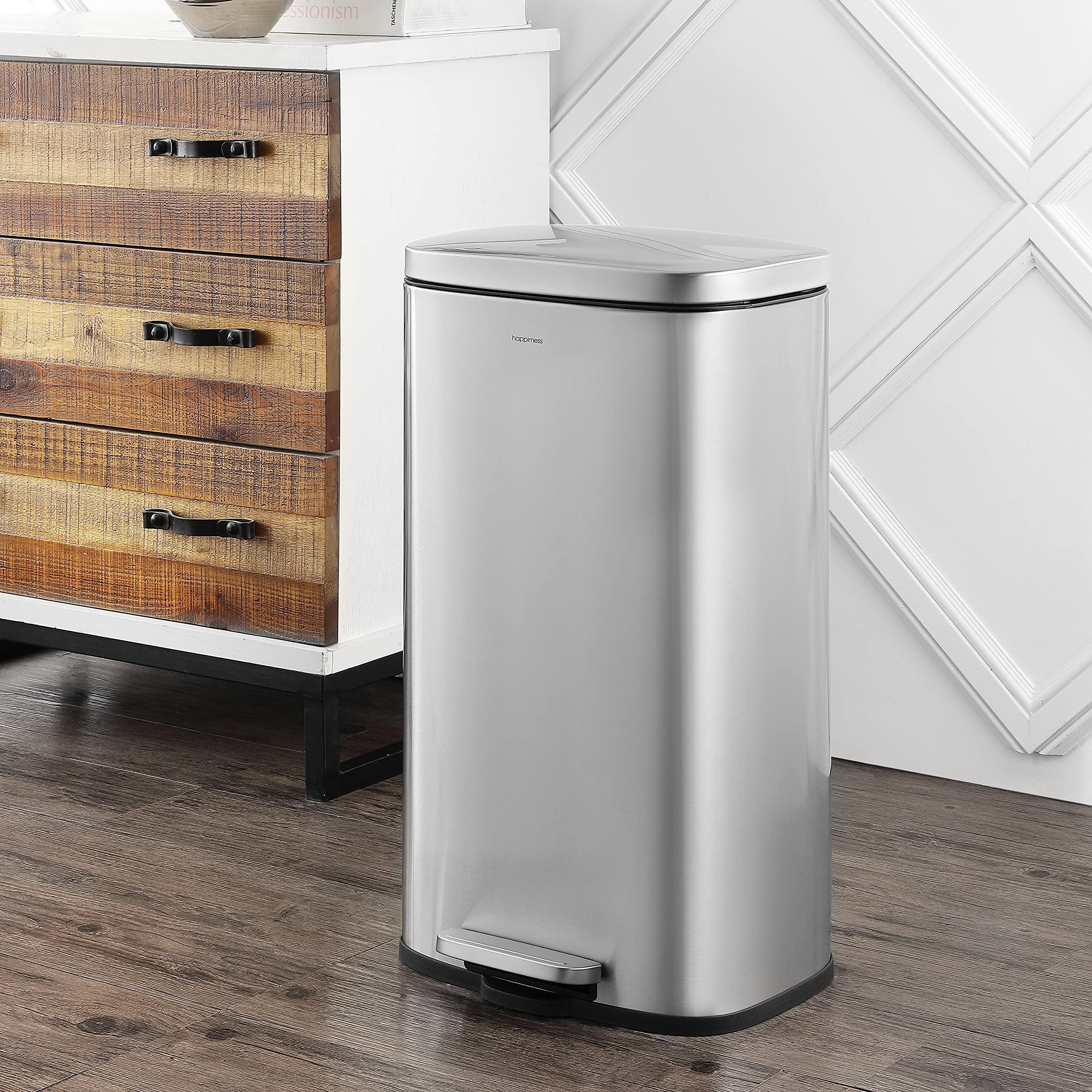 happimess HPM1011B Curtis 8-Gallon Step-Open Trash Can with Soft-Close Lid, Modern, Minimalistic, Fingerprint Proof for Home, Kitchen, Laundry Room, Office, Bedroom, Bathroom, Black