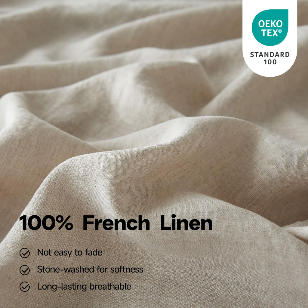 Simple&Opulence 100% Pure Linen Sheet Set Twin Size, Natural French Flax Solid Color 3 Pcs Washed Breathable, Farmhouse Bedding (1 Flat Sheet,1 Fitted Sheet,1 Pillowcase)-Embroidery Dark Grey