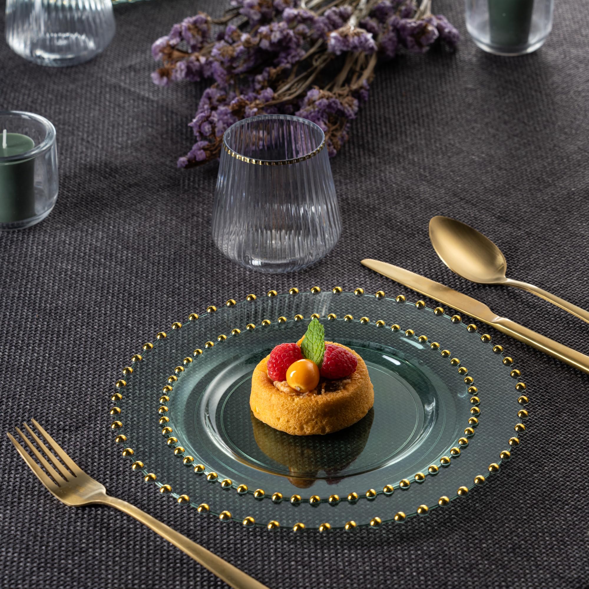 PLASTICPRO 32 Piece Combo Plastic Dinner Plates Disposable Plastic Fancy Heavy Duty Party Dishes 7 inch and 10 inch, Black and Gold Beaded
