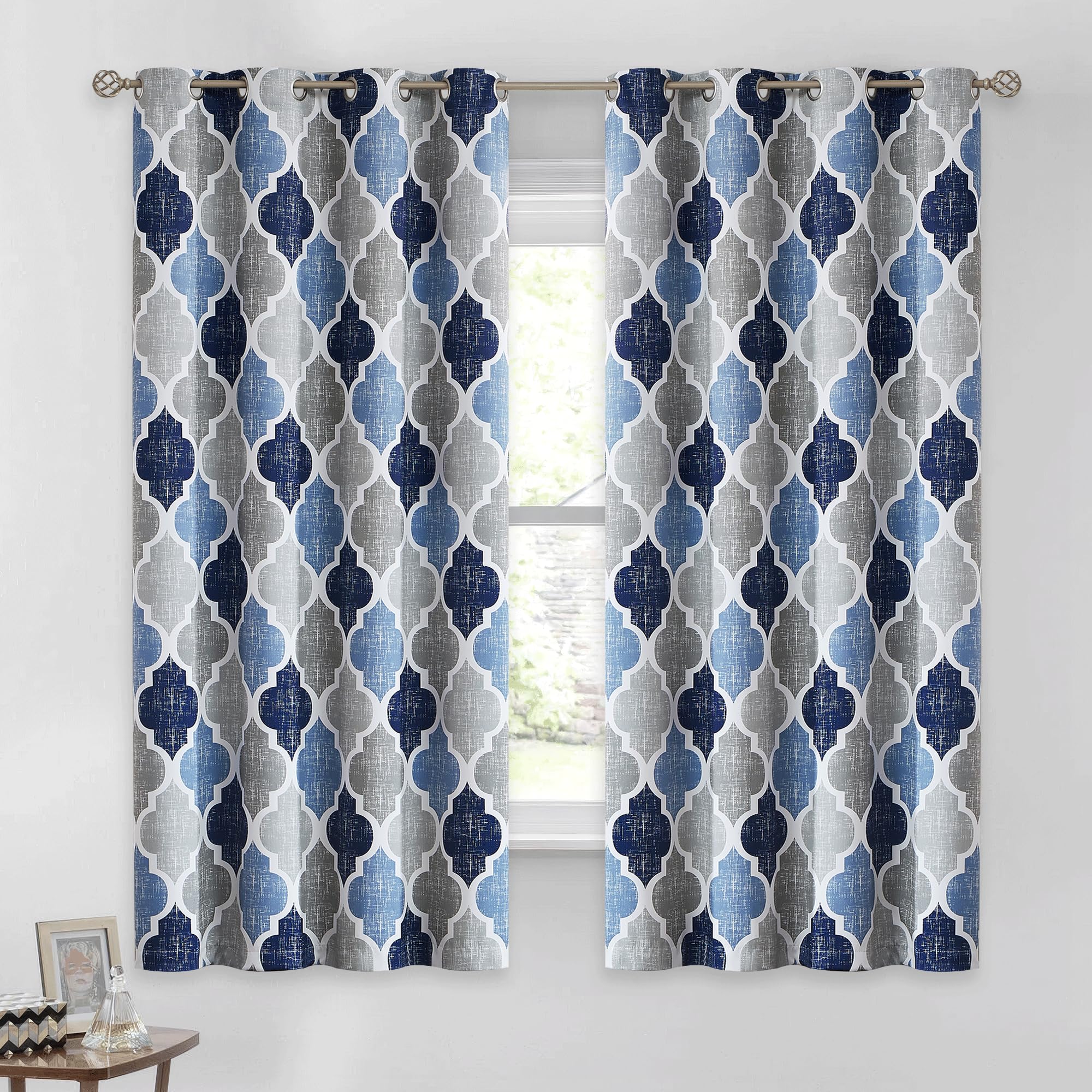 Beauoop 100% Blackout Curtains 45 Inches Long 2 Panels for Bedroom Living Room Aqua Grey Moroccan Geo Room Darkening Thermal Insulated Soundproof Grommet Top Window Treatments Drapes, 50x45 Set of 2