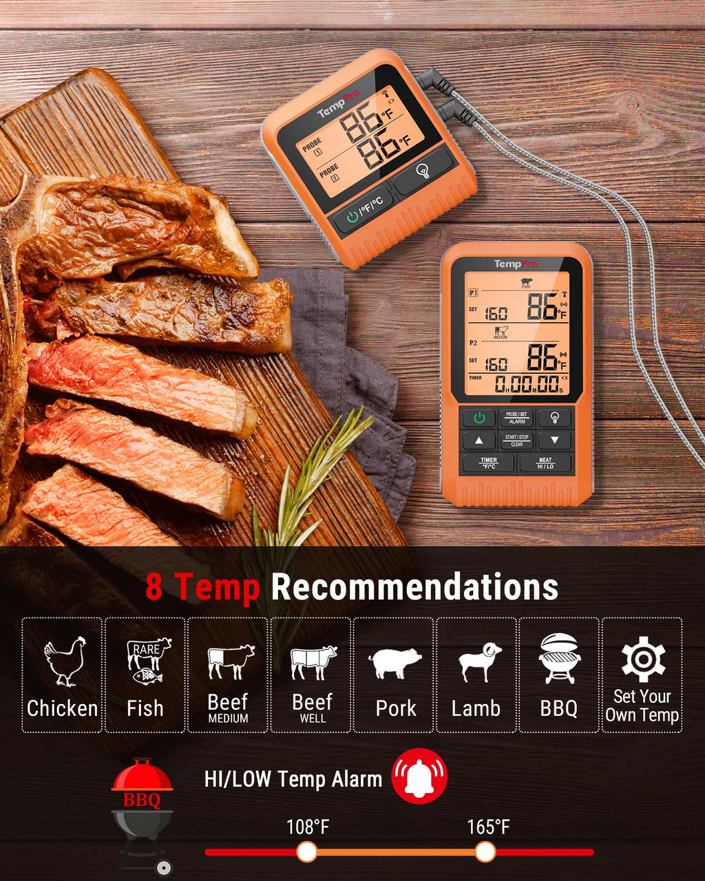 TempPro TP829 1000ft Wireless Meat Thermometer Digital for Grilling and Smoking, 4 Meat Probes Grill Thermometer for Outside Grill, Thermometer Cooking Gift for Dad Him Husband (Previously ThermoPro)