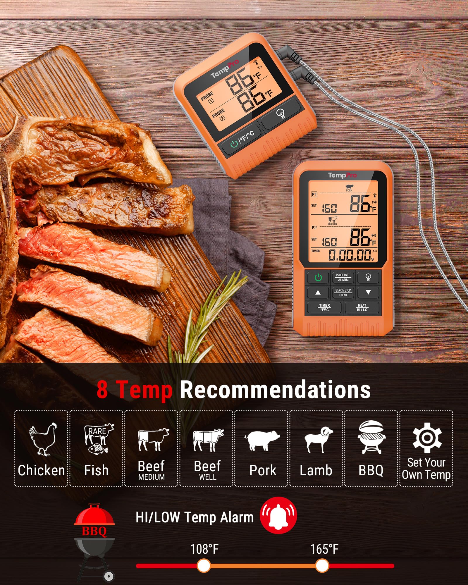 TempPro TP829 1000ft Wireless Meat Thermometer Digital for Grilling and Smoking, 4 Meat Probes Grill Thermometer for Outside Grill, Thermometer Cooking Gift for Dad Him Husband (Previously ThermoPro)