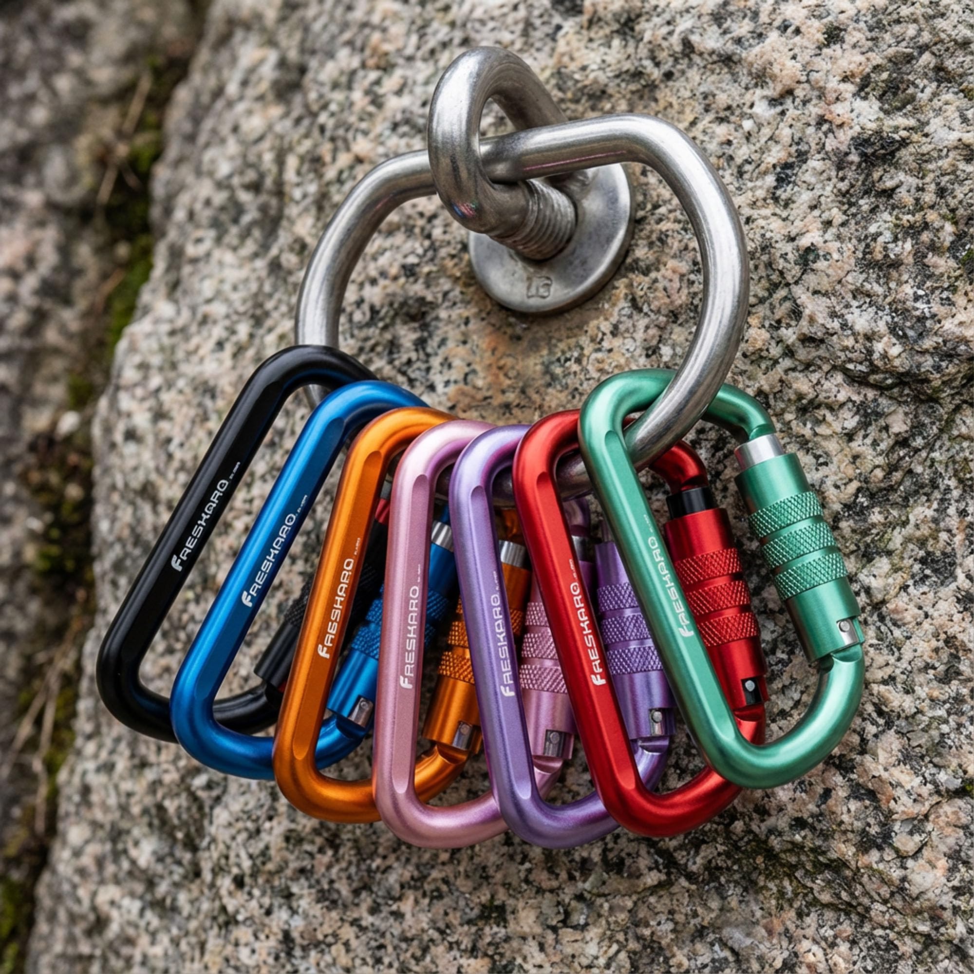 FresKaro 3inch 12kN-2698lbs Auto Locking Carabiner Clips, Solid D Shape, Heavy Duty 7075 Aluminum, Lightweight 1.09oz, Rust Proof, for Hammock, Hiking, Dog Leash, Keychain etc., Multi-Colors