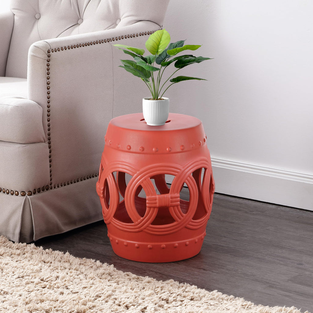 JONATHAN Y Lucky Coins 16" Ceramic Garden Stool, Contemporary Blue/White Cutout Interlocking Rings Drum Indoor/Outdoor Side Table and Plant Stand for Patio, Garden, Living Room TBL1027A