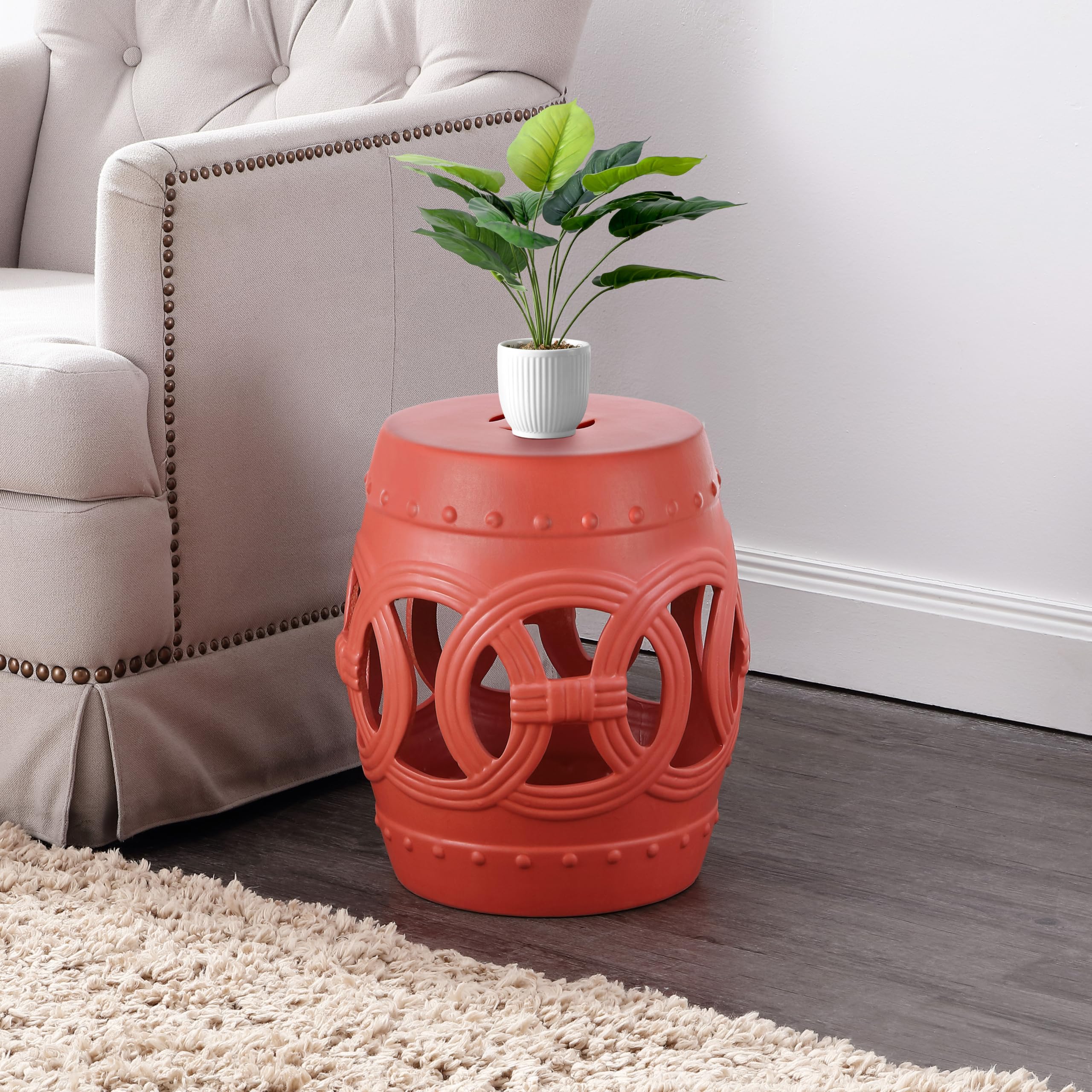 JONATHAN Y Lucky Coins 16" Ceramic Garden Stool, Contemporary Blue/White Cutout Interlocking Rings Drum Indoor/Outdoor Side Table and Plant Stand for Patio, Garden, Living Room TBL1027A
