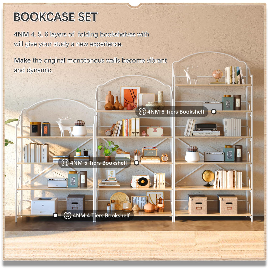 4NM No Assembly Folding Bookshelf, 3 Tiers Collapsible Book Shelves Open Industrial Foldable Storage Bookcase Shelf for Bedroom, Living Room, Home Office - Natural and White