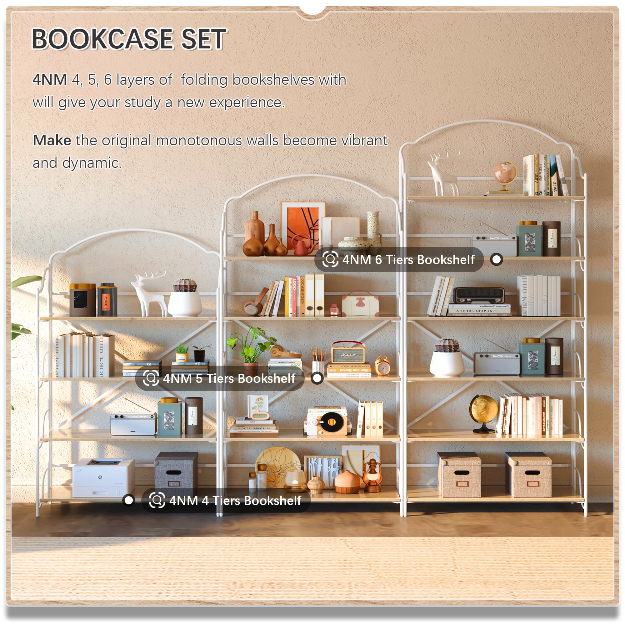 4NM No Assembly Folding Bookshelf, 3 Tiers Collapsible Book Shelves Open Industrial Foldable Storage Bookcase Shelf for Bedroom, Living Room, Home Office - Natural and White