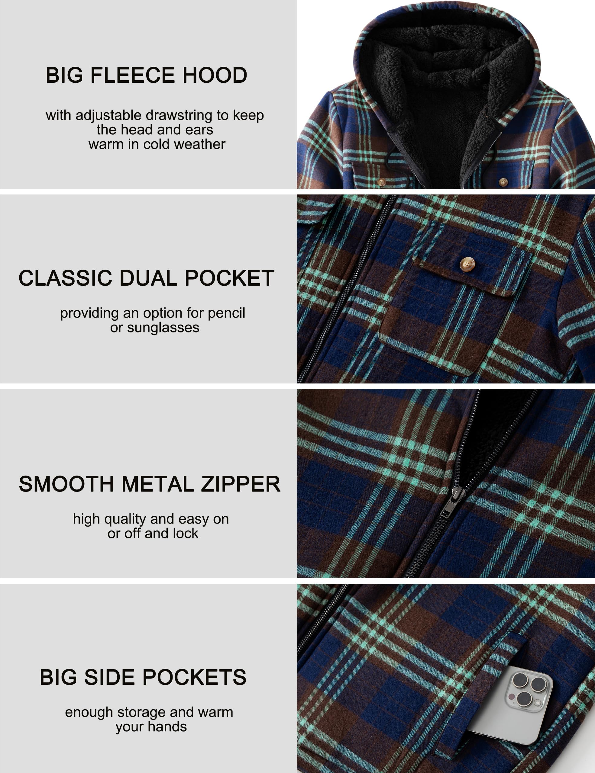 Men's Flannel Plaid Hooded Jackets Full Zip Sherpa Fleece Lined Hoodies Fashion Warm Coat