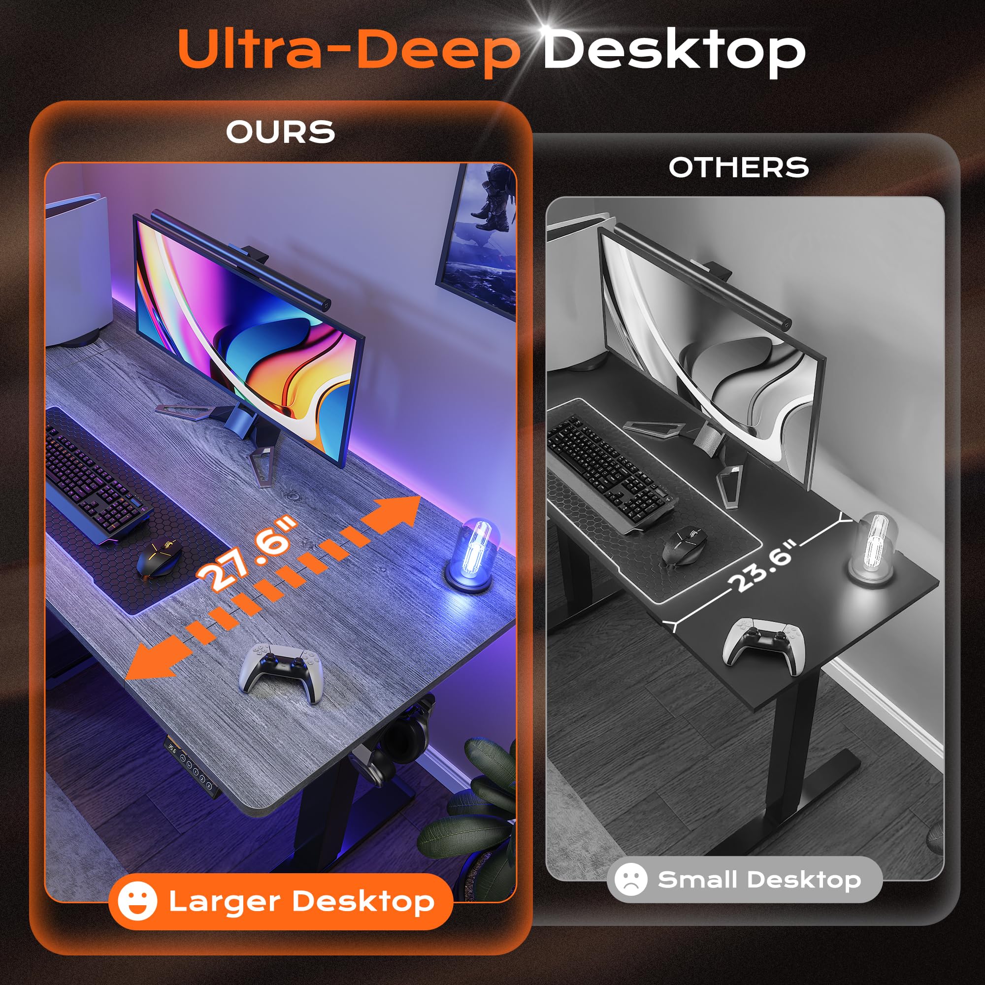 Huuger 48 x 28 Large Electric Standing Desk, Height Adjustable Desk, 27.6" Deep Desktop, Stand up Gaming, 2 Hooks, 3 Preset Heights, for Home Office, Black