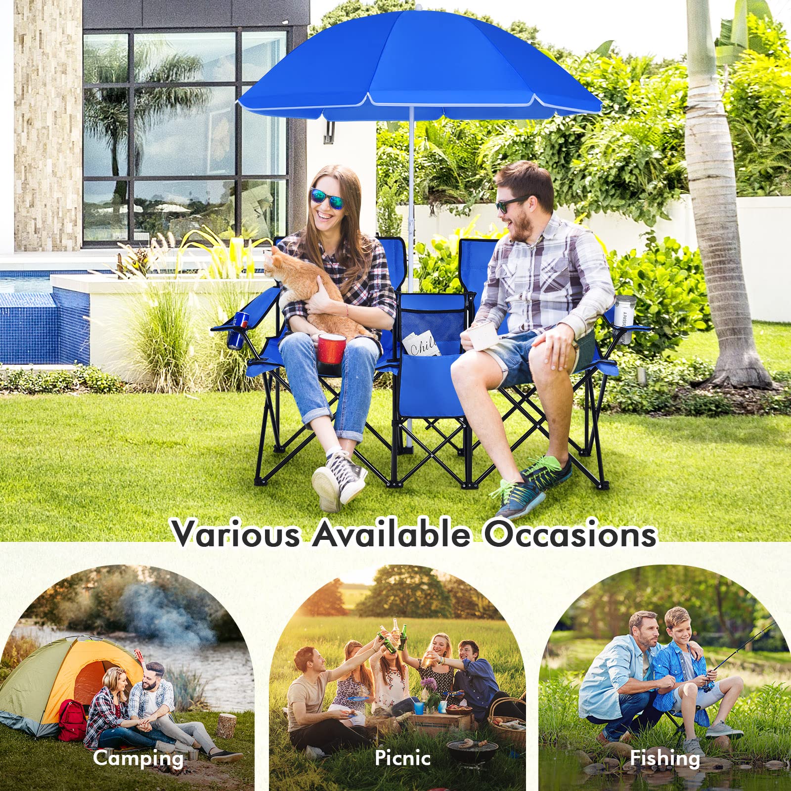 COSTWAY Double Portable Picnic Chairs, Folding Camping Chairs w/Detachable Umbrella, Cooler Bag, Cup Holders, Patio Beach Camping Chairs for Outdoors