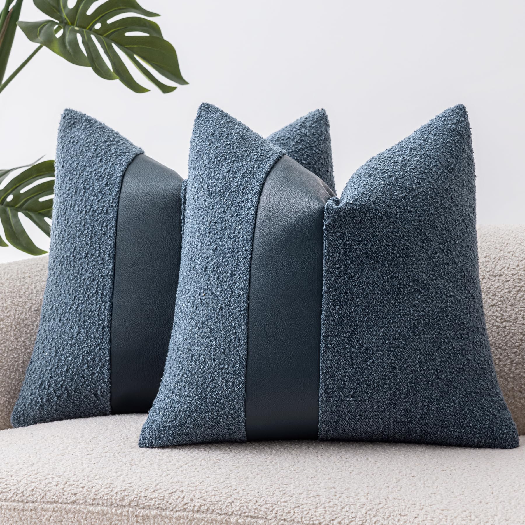 18"x18" Charcoal Black Boucle Throw Pillow Covers with Faux Leather Accents Set of 2 Fluffy Textured Decorative Pillow Cases for Couch Bed Boho Farmhouse Square Cushion Covers for Nordic Home