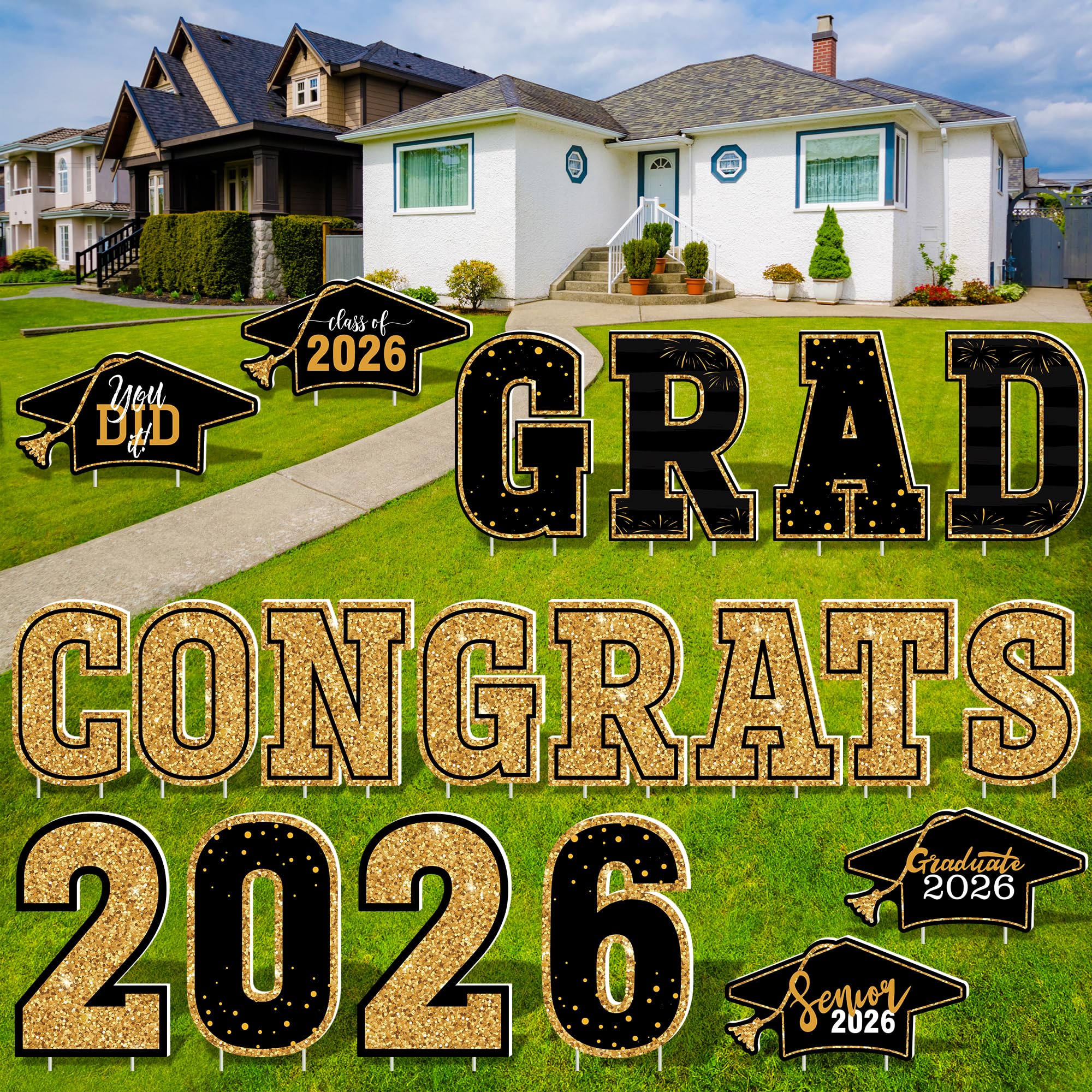 HOVACY 20 PCS Black Gold Graduation Yard Signs Class of 2026 | Black Gold 20 PCS, 40 Stakes, 11.57 x 16.14 in, Corrugated Plastic, Waterproof, Congrats Grad Sign, Graduation Sign