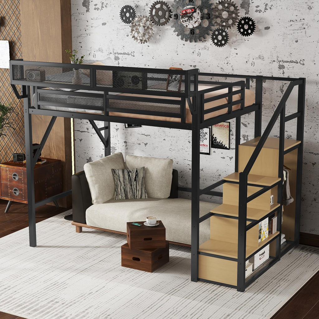 Mirightone Full Size Loft Bed with Stairs, Metal Loft Beds, High Loft Bed Frame with Storage Shelves, Lofted Full Bed with Wardrobe for Kids and Teens, No Box Spring Needed (Black)