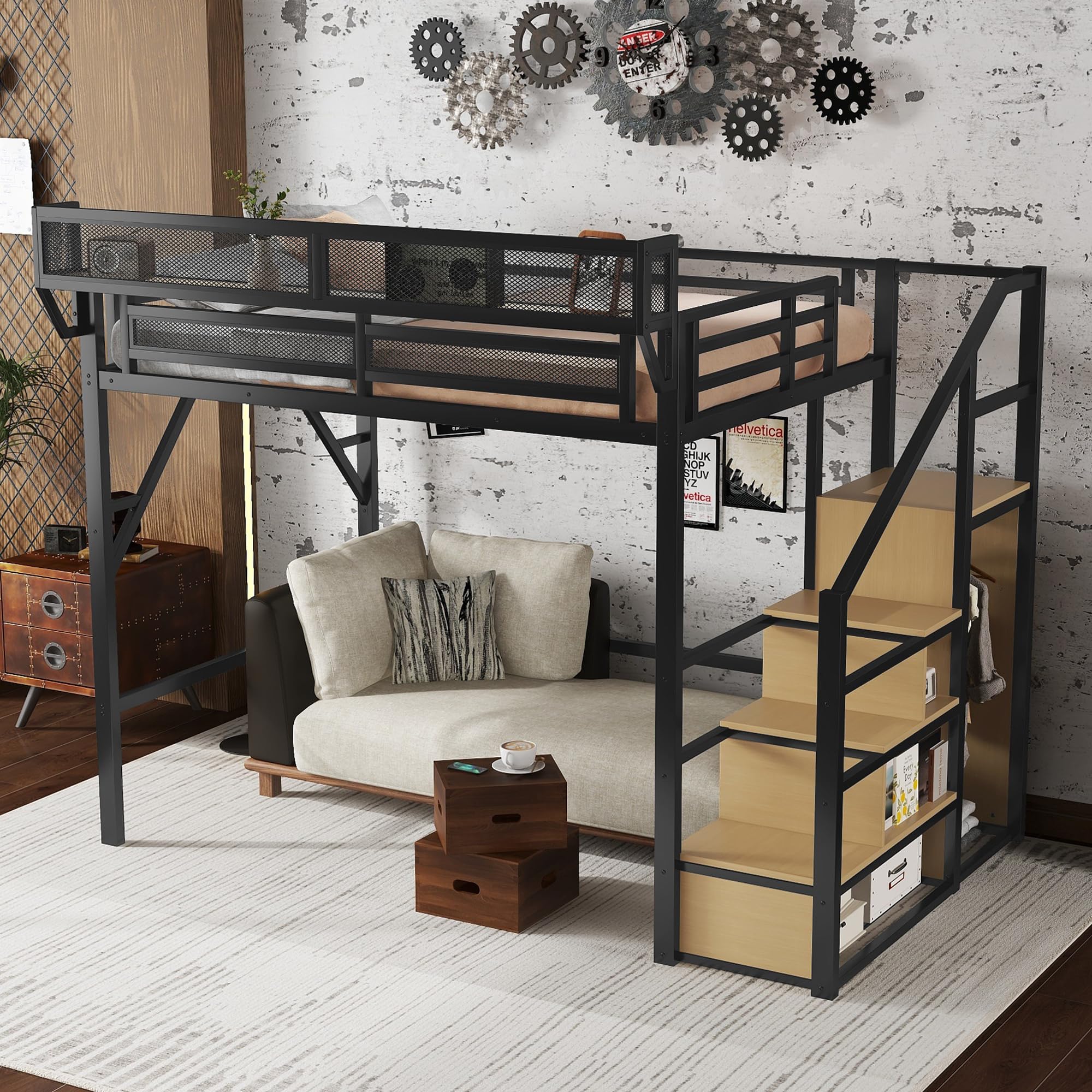 Mirightone Full Size Loft Bed with Stairs, Metal Loft Beds, High Loft Bed Frame with Storage Shelves, Lofted Full Bed with Wardrobe for Kids and Teens, No Box Spring Needed (Black)