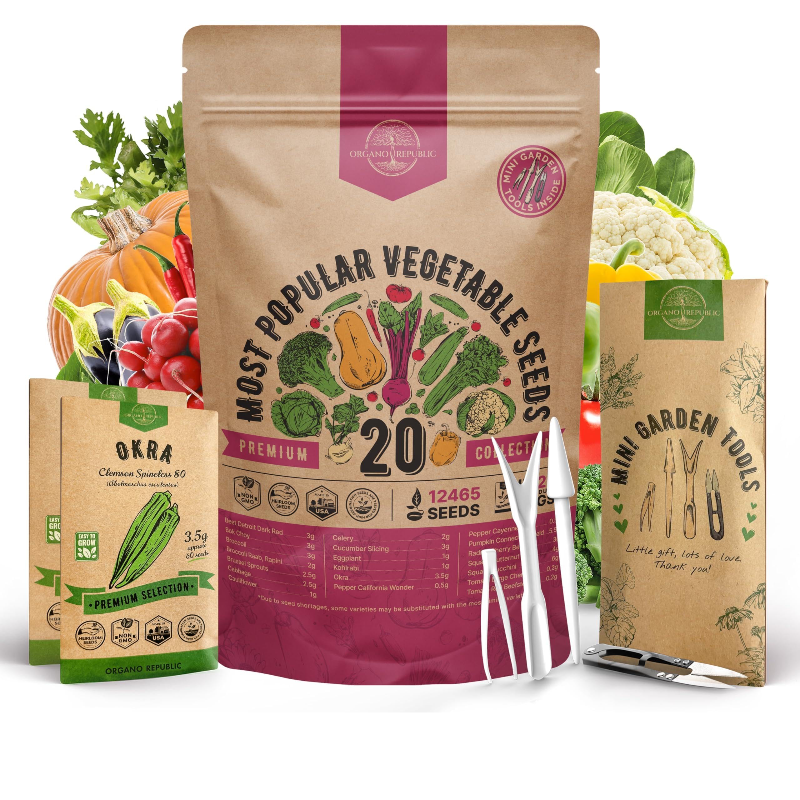 20 Vegetable Seeds Variety Pack - 12,465+ Non-GMO Heirloom Seeds for Planting Vegetables and Fruits in Individual Seed Packets, Home Garden Seed for Hydroponic, Indoor and Outdoors Gardening