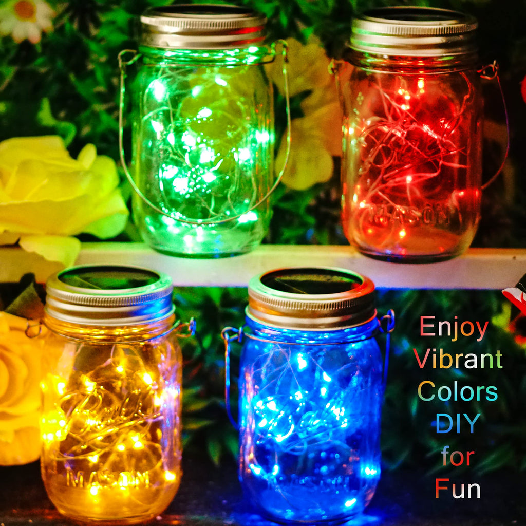 SunKite Solar Mason Jar Lights [Updated], 8 Pack 20 LED Waterproof Fairy Firefly Jar Lids String Lights with Hangers(NO Jars), Patio Yard Garden Wedding Decoration - Colorful