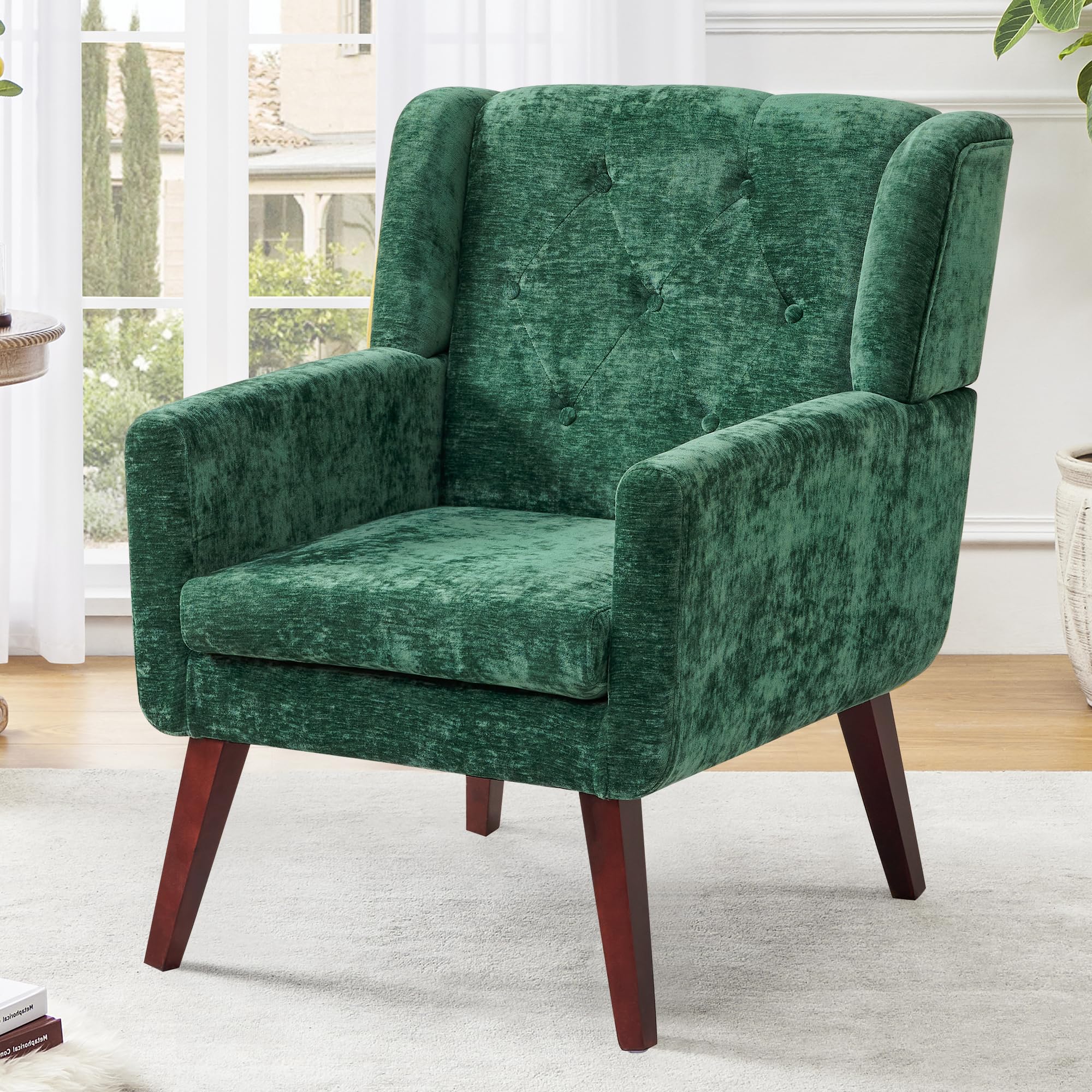 Living&Giving Accent Chair Button-Tufted Upholstered Living Room Chairs Comfy Reading Mid Century Modern with Linen Fabric Lounge Arm for Bedroom (Beige) 29.33D x 28.94W x 34.65H Inch