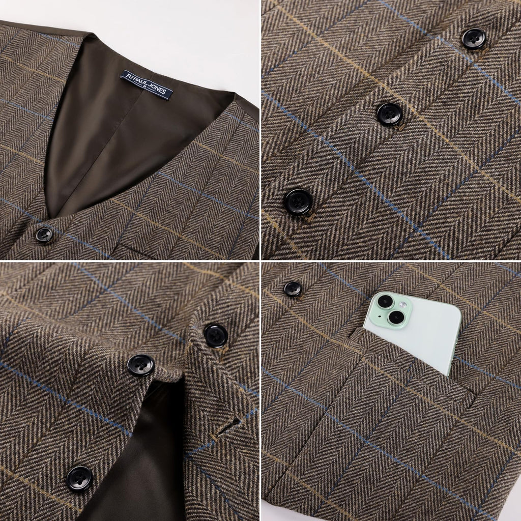 PJ PAUL JONES Men's Herringbone Tweed Suit Vest Casual Wool Blend Waistcoat