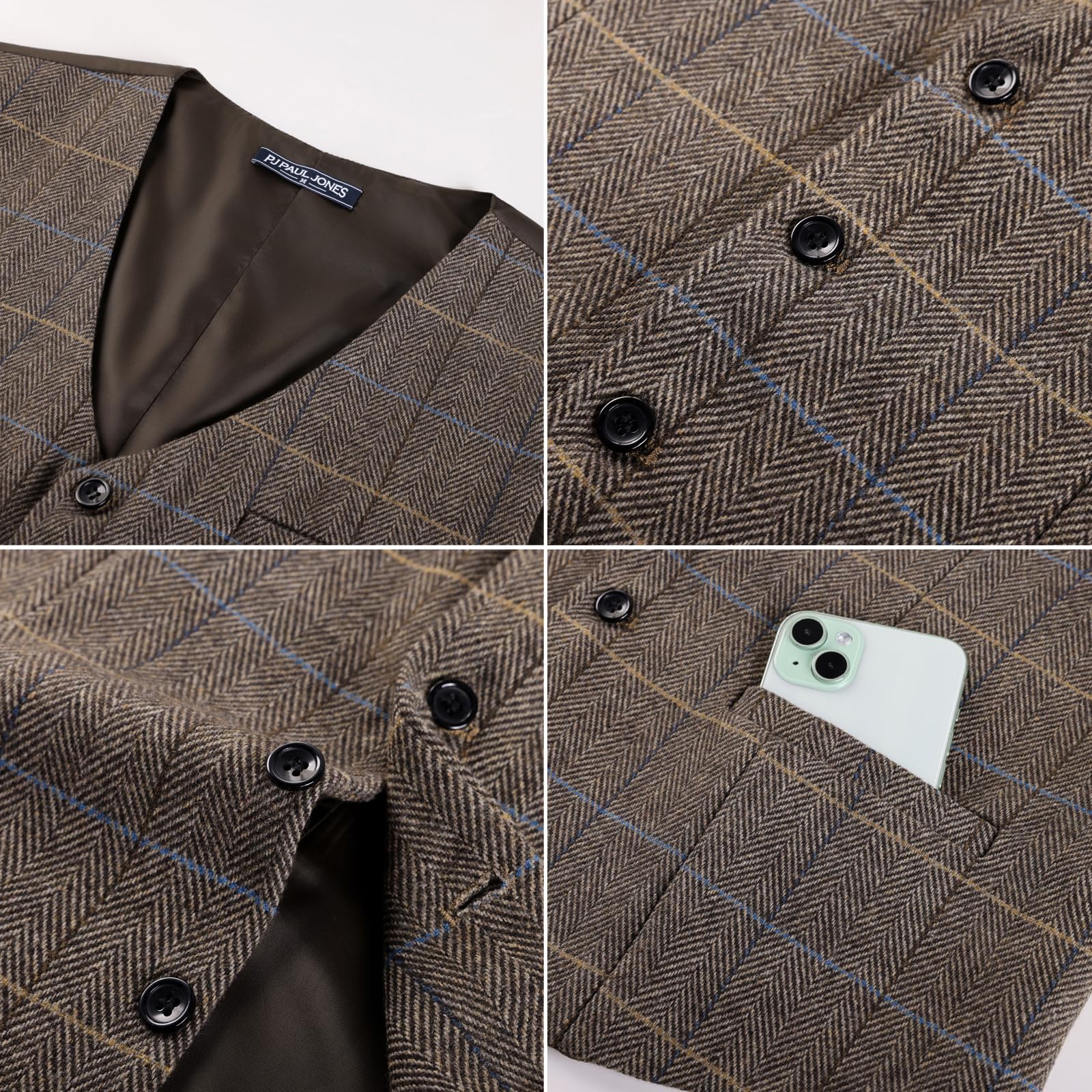 PJ PAUL JONES Men's Herringbone Tweed Suit Vest Casual Wool Blend Waistcoat