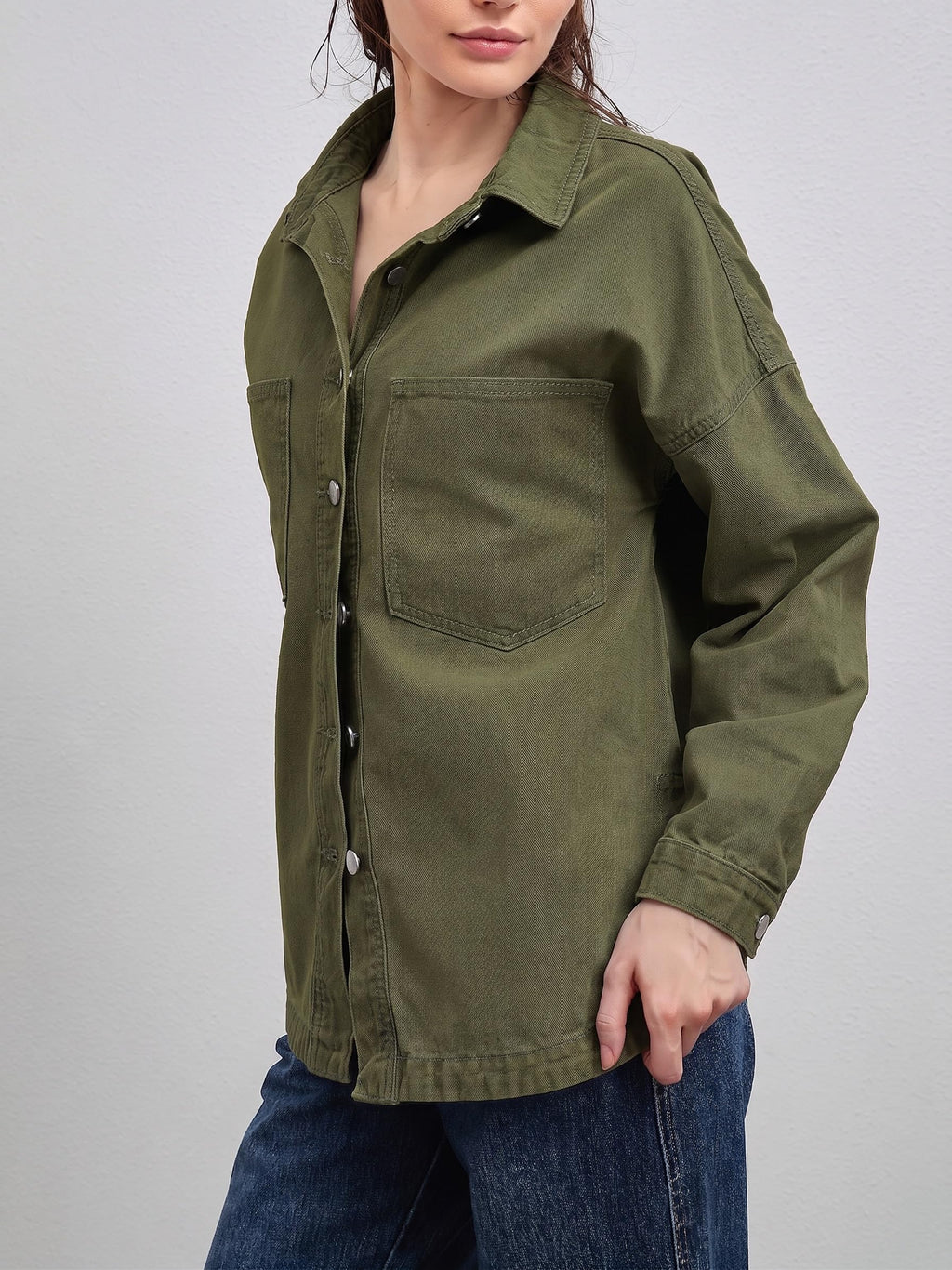 LifeShe Women Denim Shirt Jean Jacket Oversize Button Down Shirt Long Sleeve Jean Tops Trendy Shackets