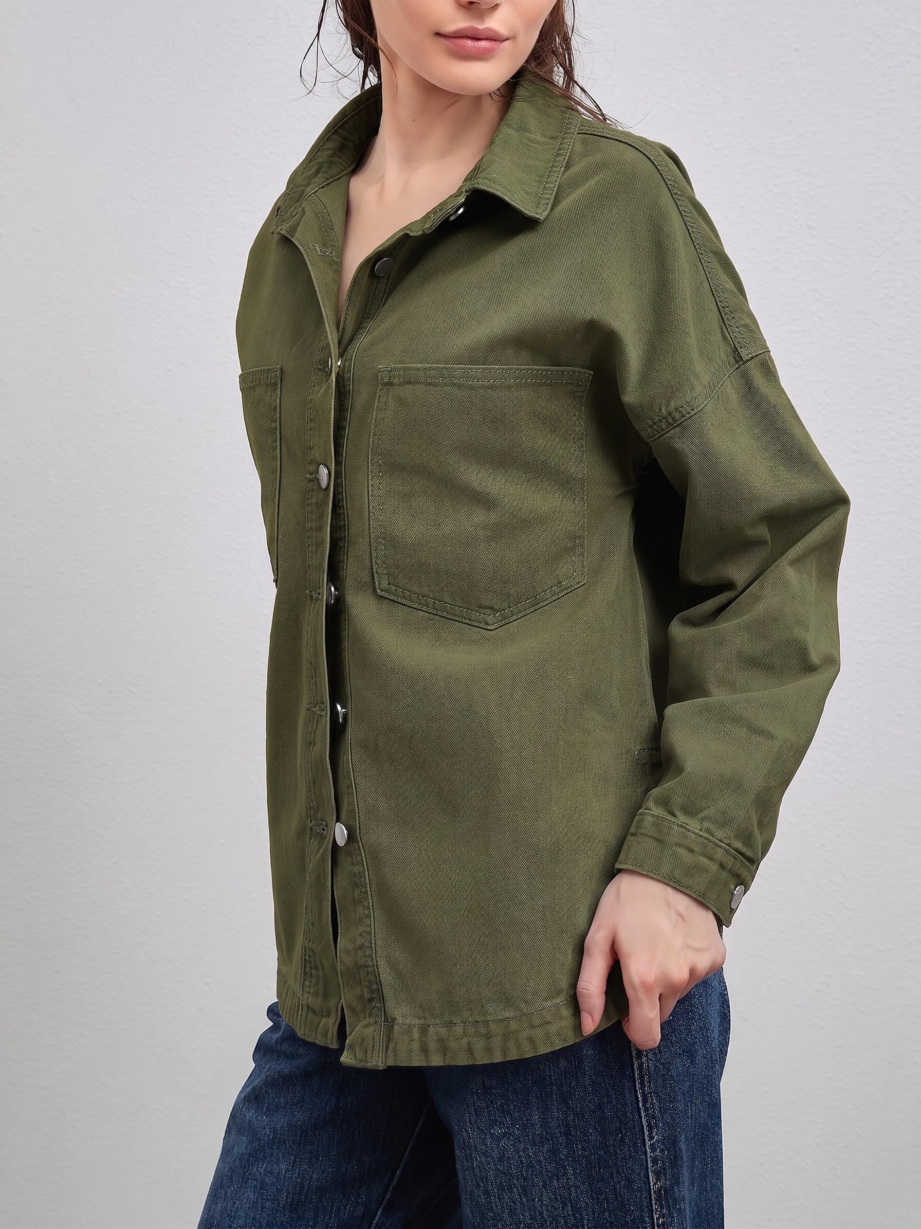 LifeShe Women Denim Shirt Jean Jacket Oversize Button Down Shirt Long Sleeve Jean Tops Trendy Shackets