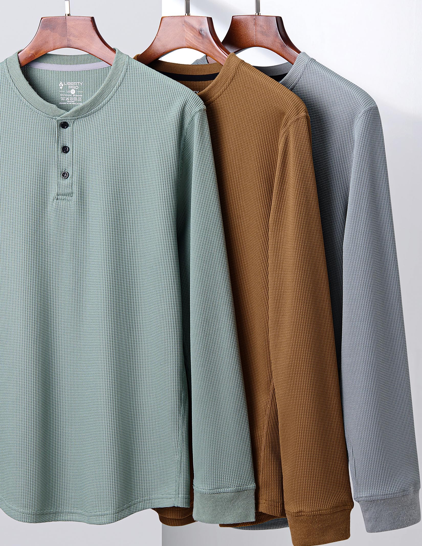 Liberty Pro 3 Pack Mens Waffle Henley Thermal Long Sleeve Shirts, Casual Fitted Fall Shirts for Men