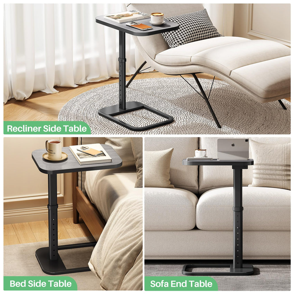 Kitstorack TV Tray Table, Adjustable Height & Rounded Metal Corners, Snack Table for Couch, Sofa, Bed, Chair, Living Room, C Shaped End Side Table for Eating, Dinner or Laptop, Small Spaces, Black