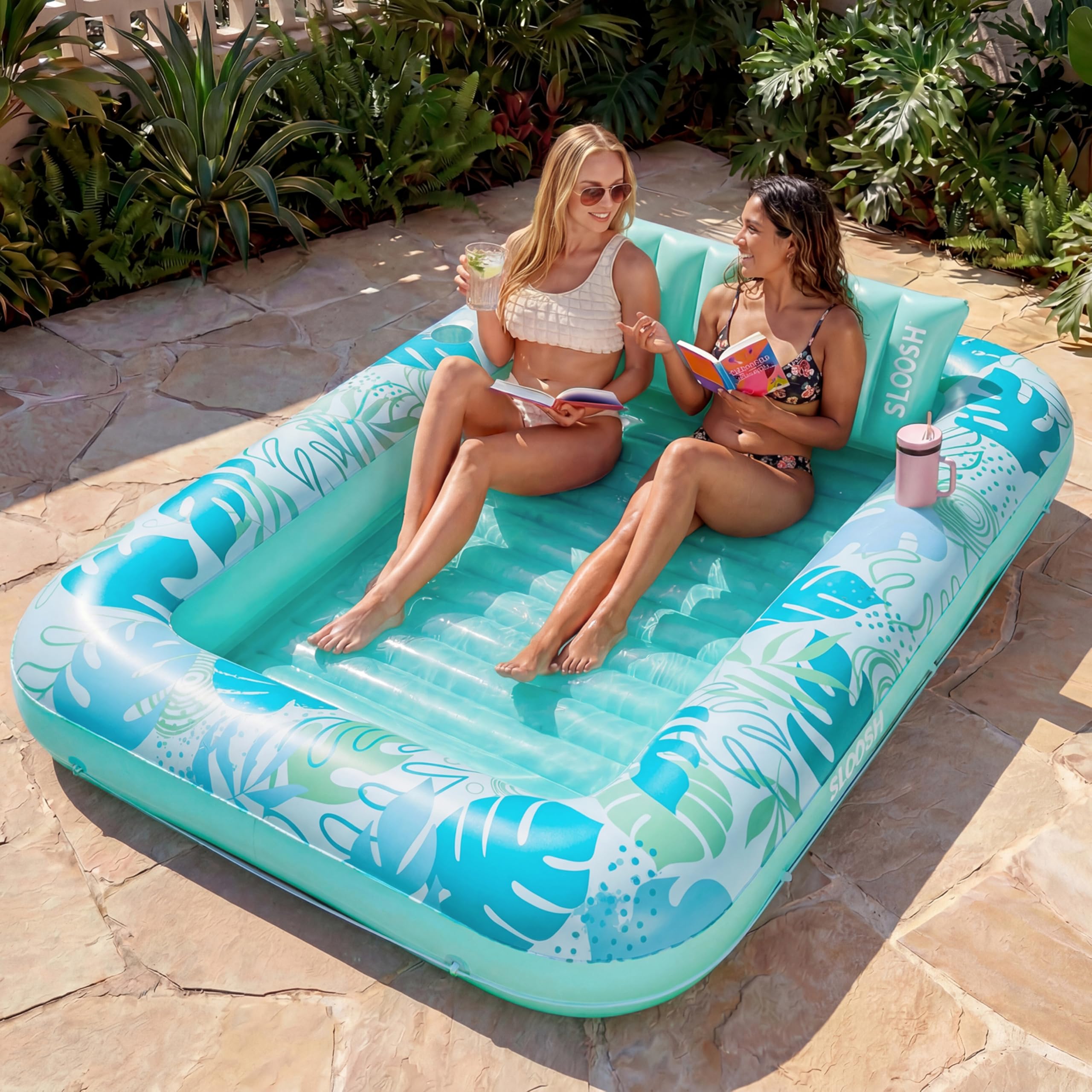 SLOOSH Inflatable Tanning Pool Lounger Float, 85" x 57" Extra Large Pool Floats Adult with Pillow, 4 in 1 Suntan Tub Raft Floatie,Sunbathing Bed Lounge for Water Blow Up Ball Pit Party Gifts, XL-Blue